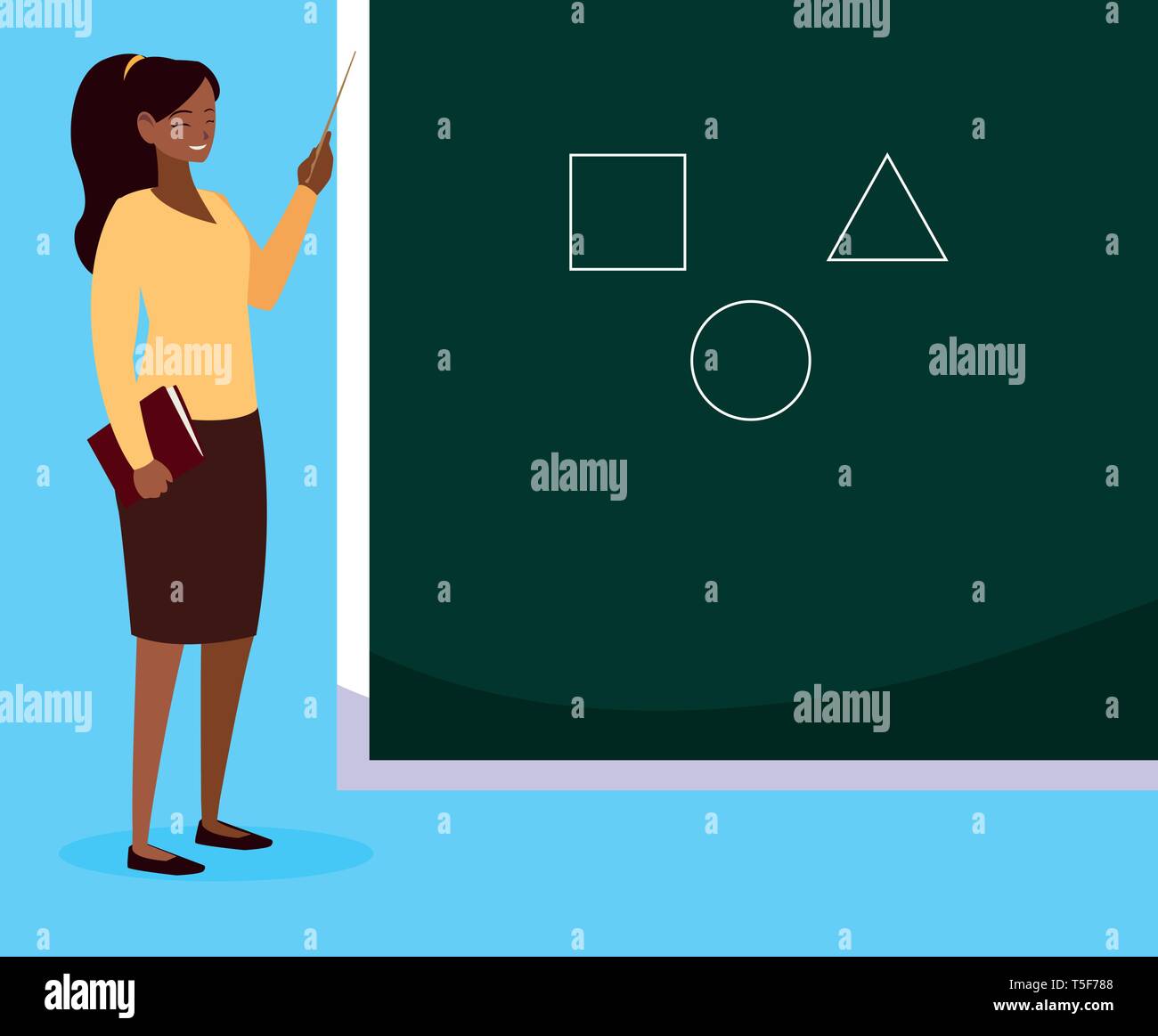 black female teacher with textbook and chalkboard vector illustration ...