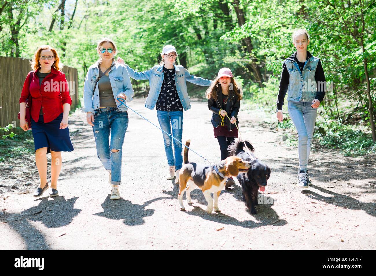 Mothers with daughters walking with two dogs on leashes on forest road