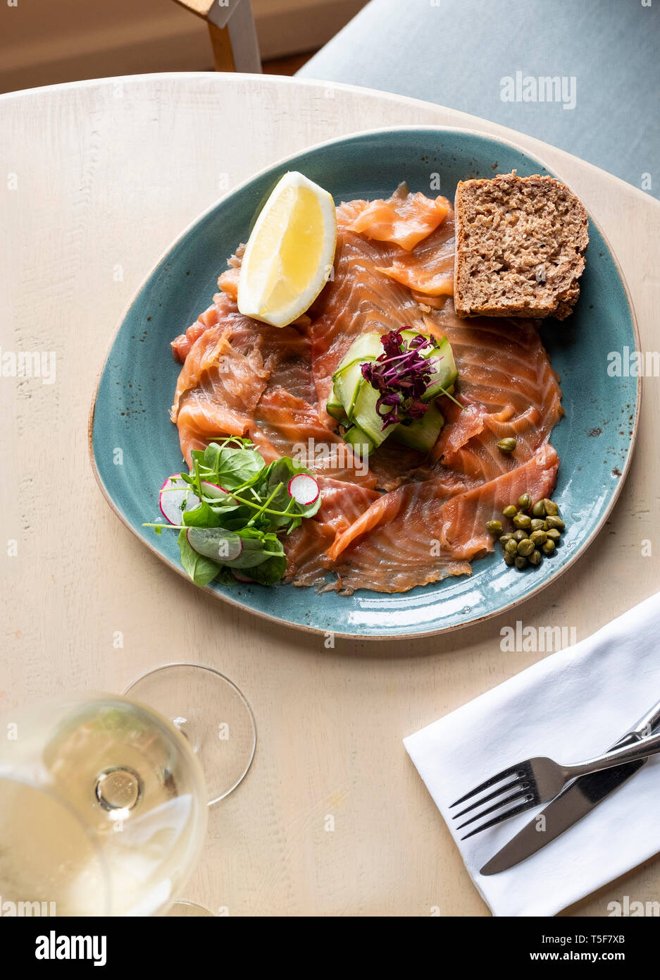Irish smoked salmon plated beautifully at a restaurant Stock Photo