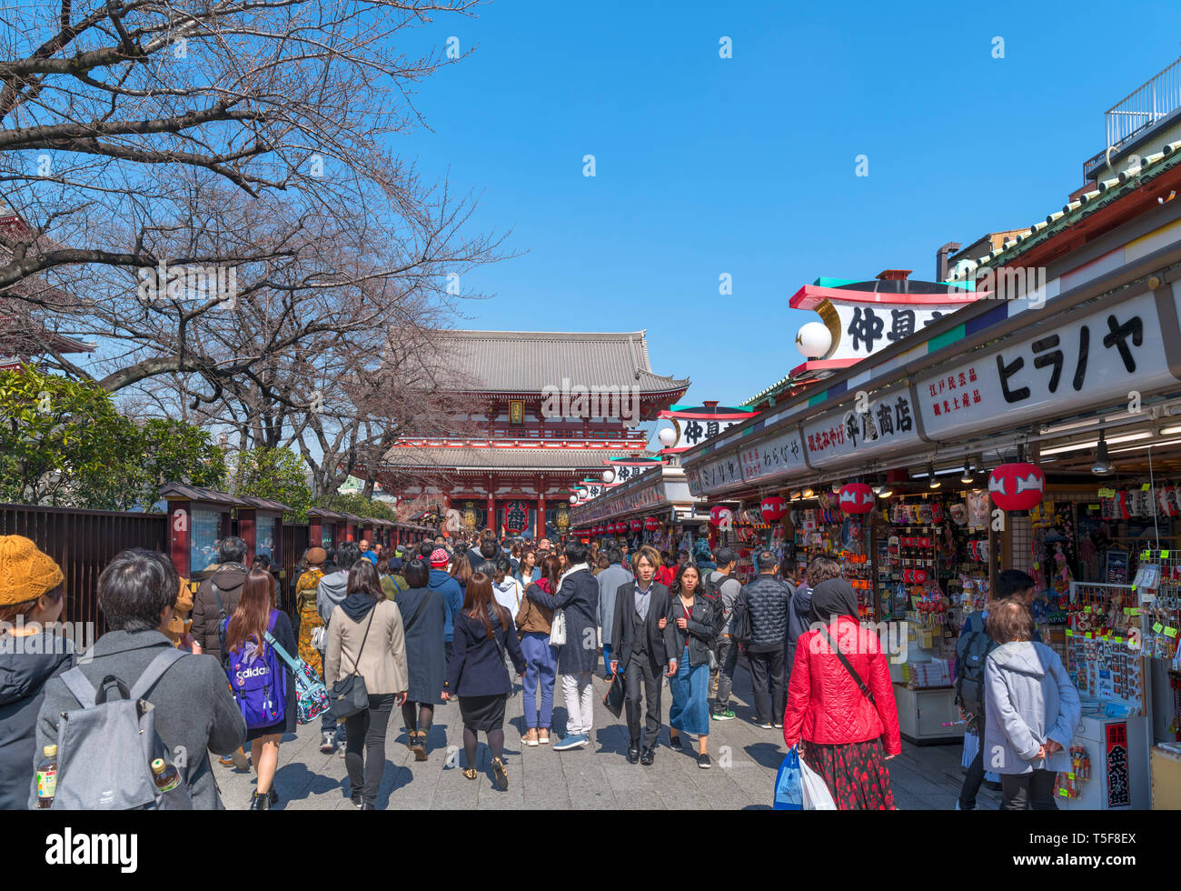 Shops and restaurants in Asakusa looking towards the Hōzōmon gate to the Buddhist temple of Senso-ji, Taito,Tokyo, Japan Stock Photo