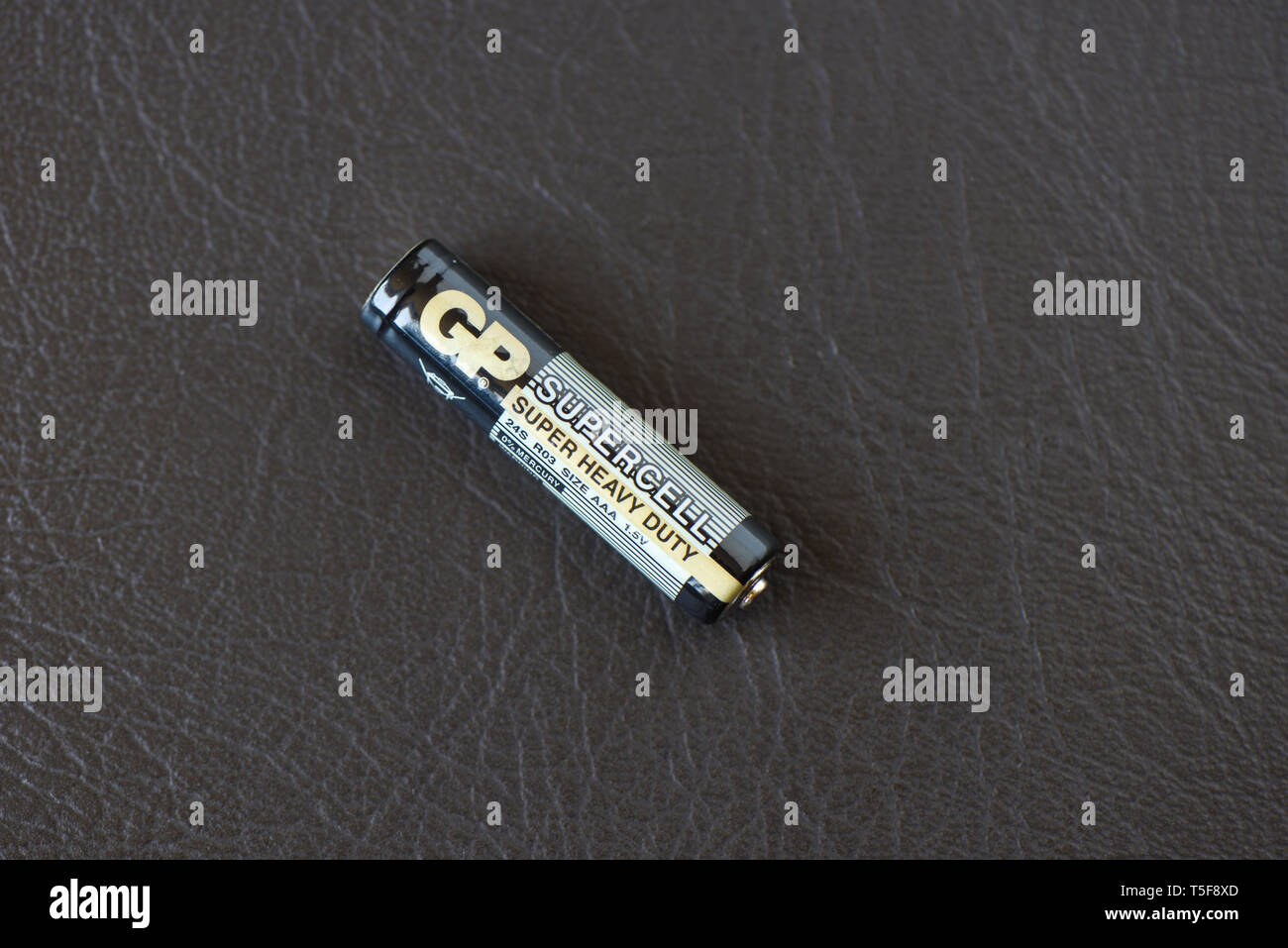 Moscow, Russian Federation April 24, 2019 A gp AAA battery. GP Gold