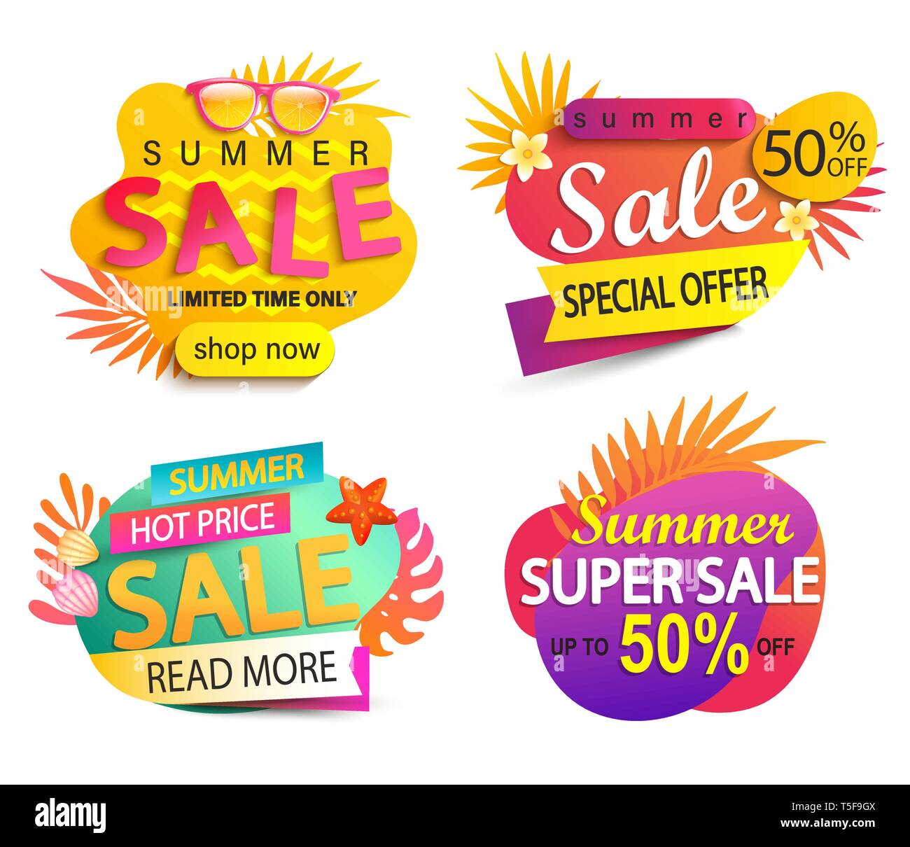 Set of summer sale and discount stickers.Special offer for mid or end of hot season. Low price tag.Invitation for online shopping with 50 percent off, Stock Vector