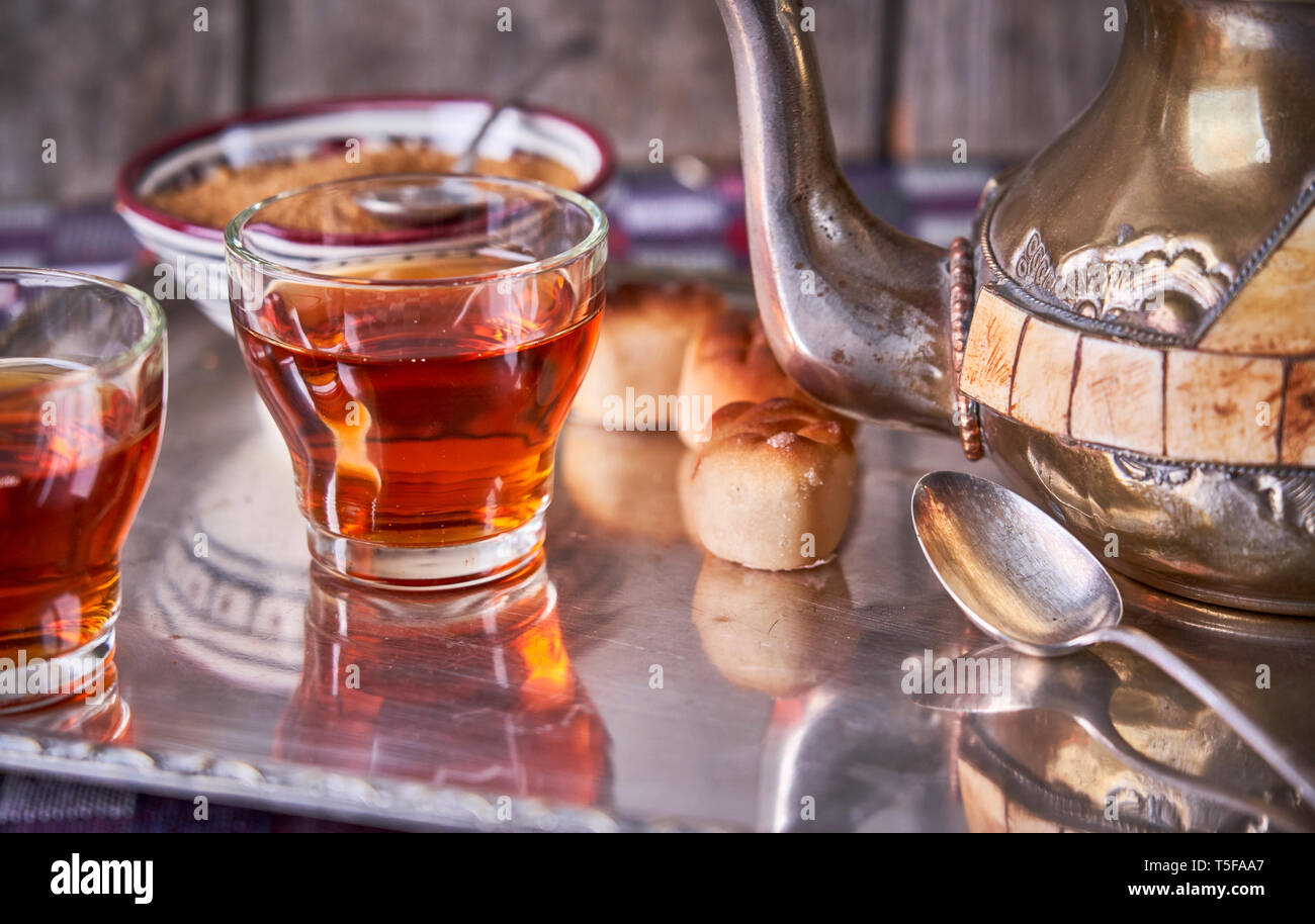 View of food and drink served on a silver tray Stock Photo - Alamy
