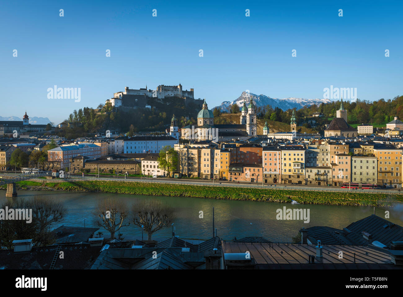 Salzburger Land, view of the historic Old Town quarter and hill-top castle (Festung Hohensalzburg) of Salzburg, Austria. Stock Photo