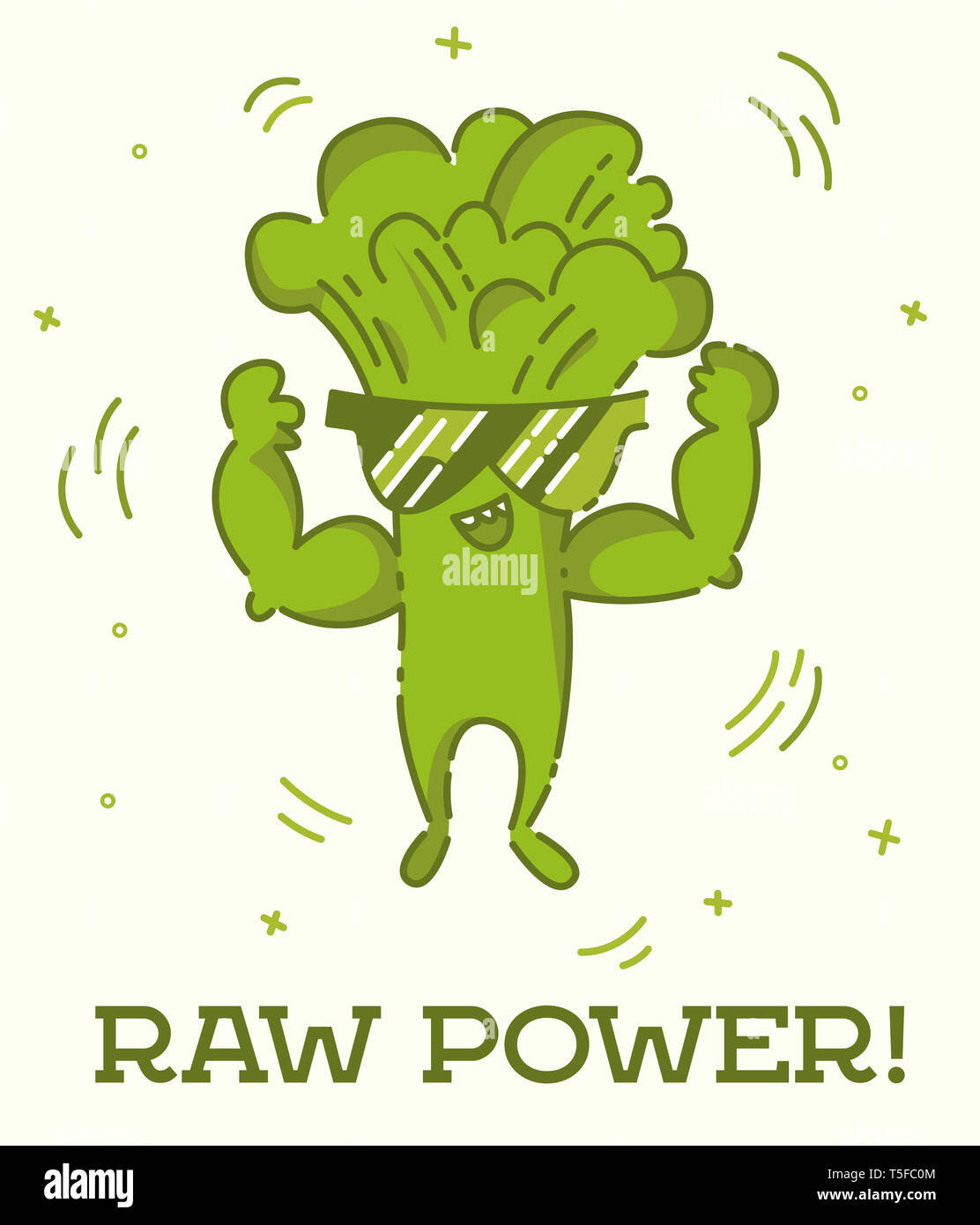 Raw power poster. Broccoli man. Cute kawaii cartoon person. Flat
