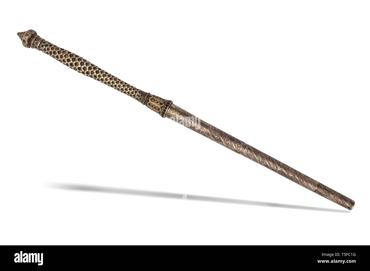 The thai scepter of the 19th century.  A sceptre or scepter (AE) is a symbolic ornamental staff or wand held in the hand by a ruling monarch as an ite Stock Photo