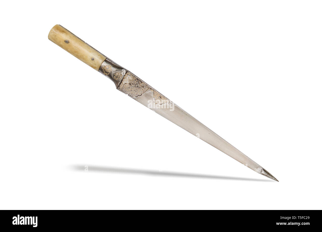 Nice example of Central Asian kard knife with etched blade. Stock Photo