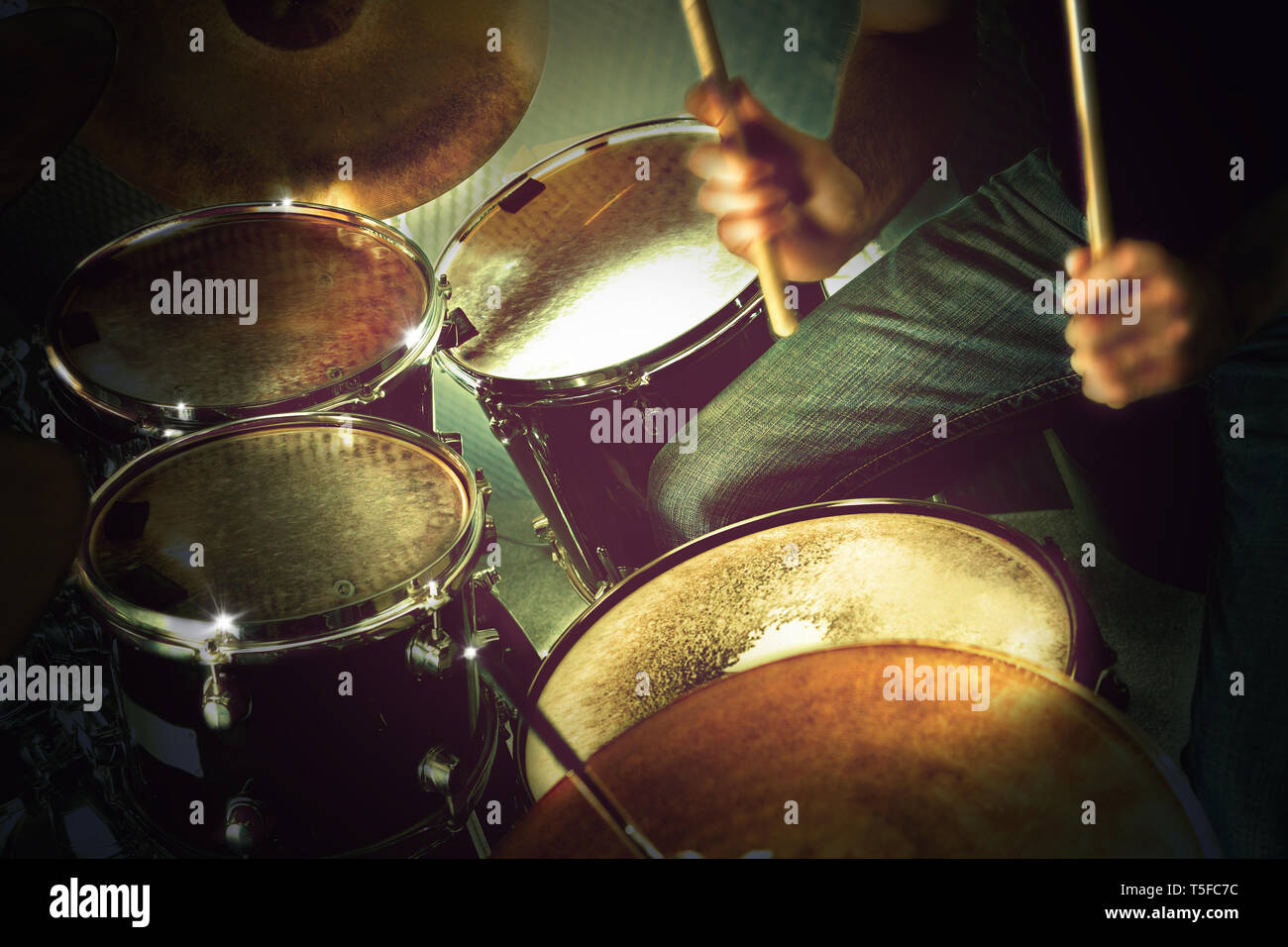Musical performance on stage.Recreation and music show.Drum on stage.Live music and instruments. Stock Photo