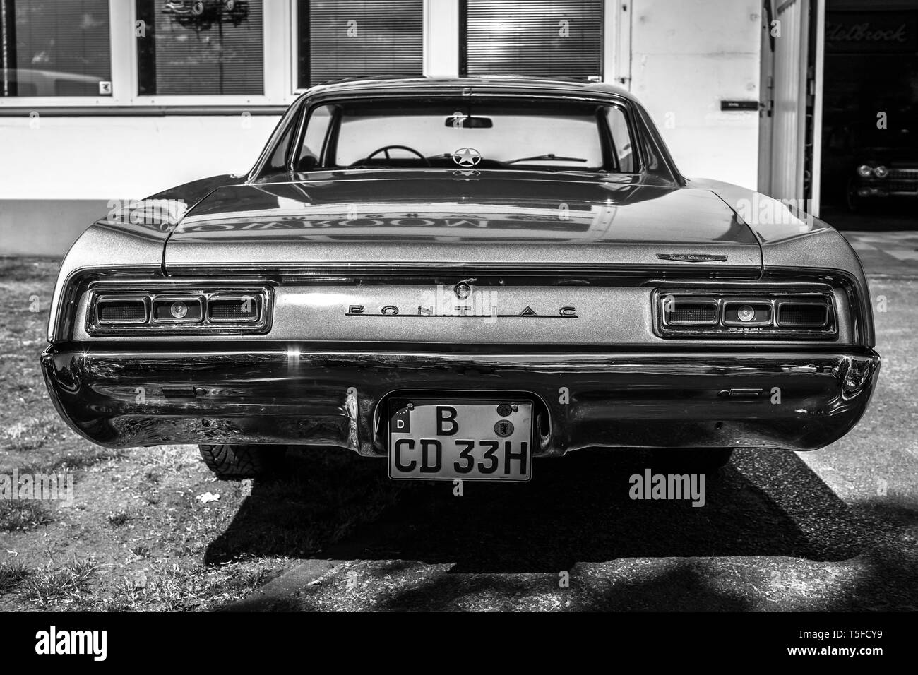 BERLIN - MAY 05, 2018: The mid-size car Pontiac LeMans, 1967. Rear view. Black and white. Stock Photo