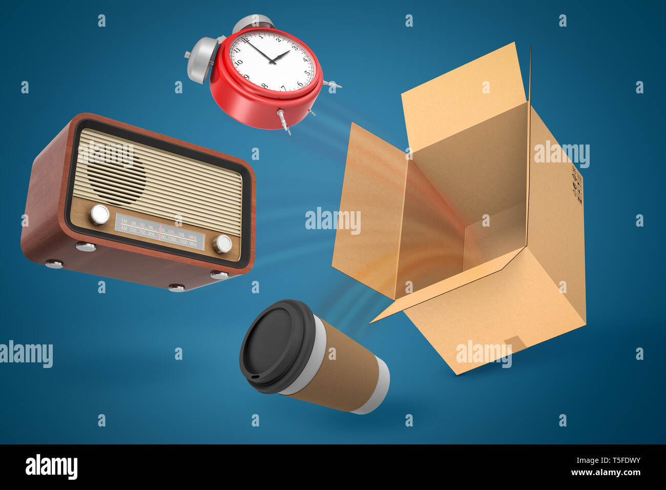 3d rendering of red alarm clock, vintage retro radio and paper coffee ...