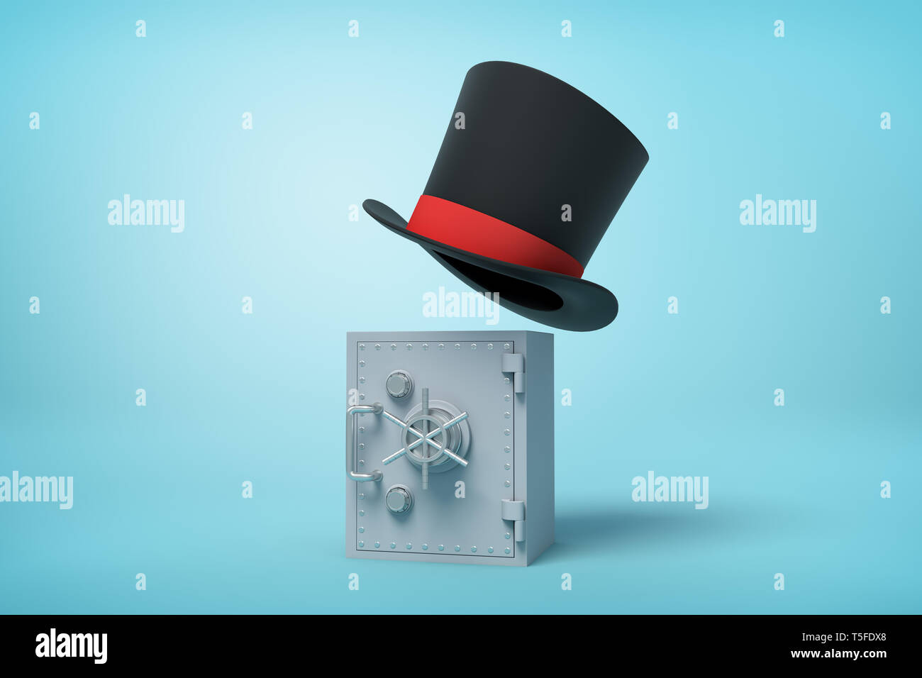 3d rendering of gray metal money vault and black tophat floating in air above it on light-blue background. Stock Photo