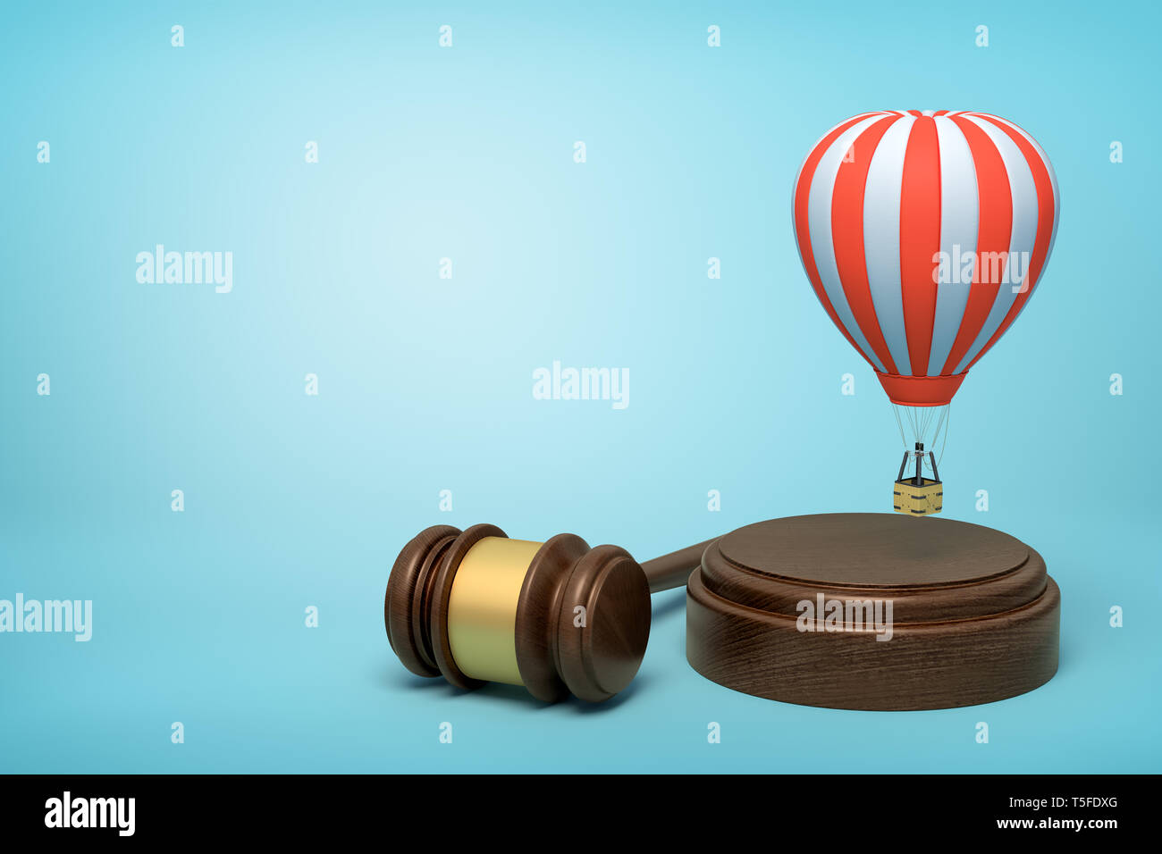 3d rendering of small striped hot-air balloon in air above brown sound block with gavel beside on light-blue background with copy space. Stock Photo