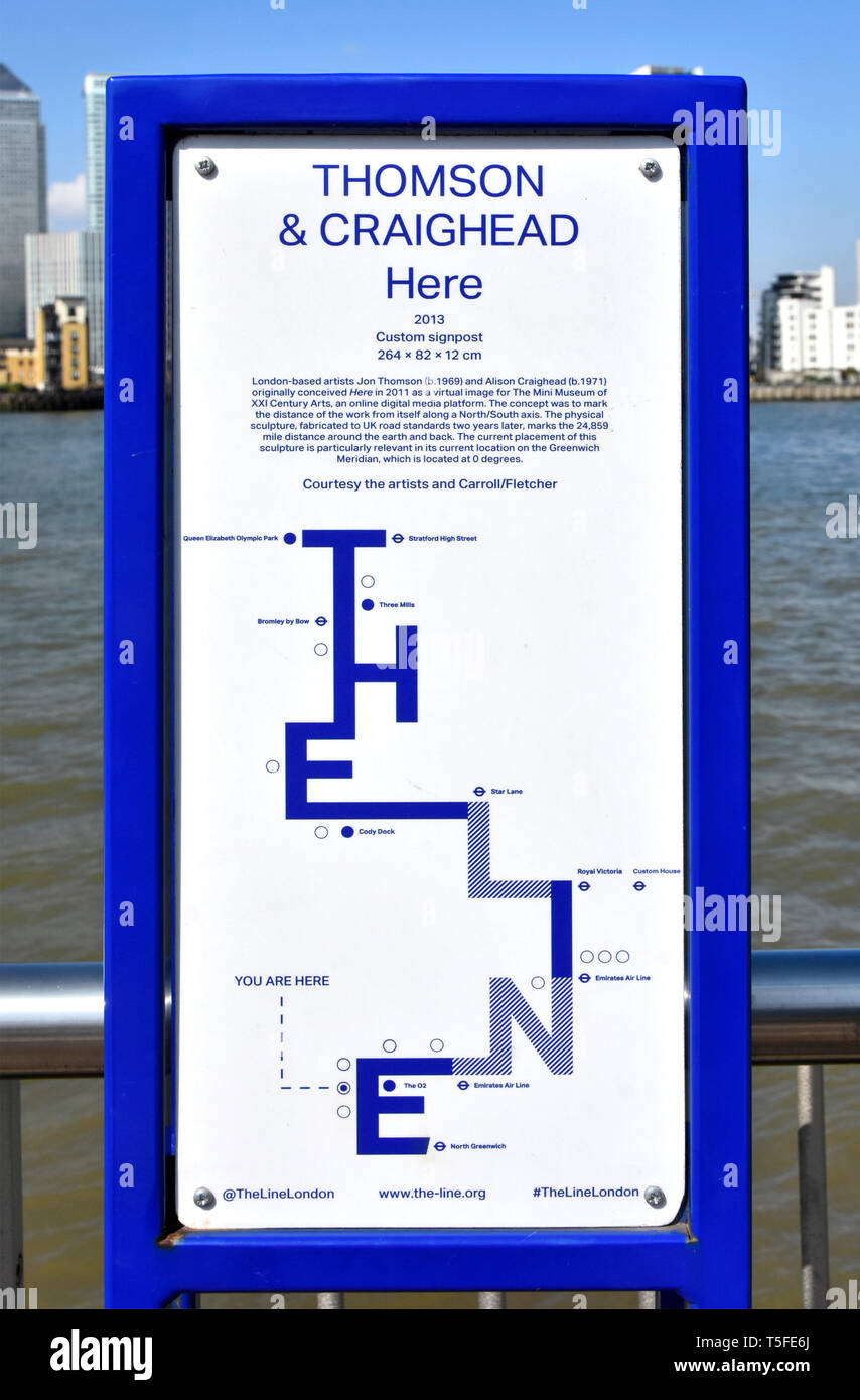 Diagram map at south end of route  for “The Line” a dedicated modern & contemporary art walk beside River Thames at O2 Greenwich London England UK Stock Photo