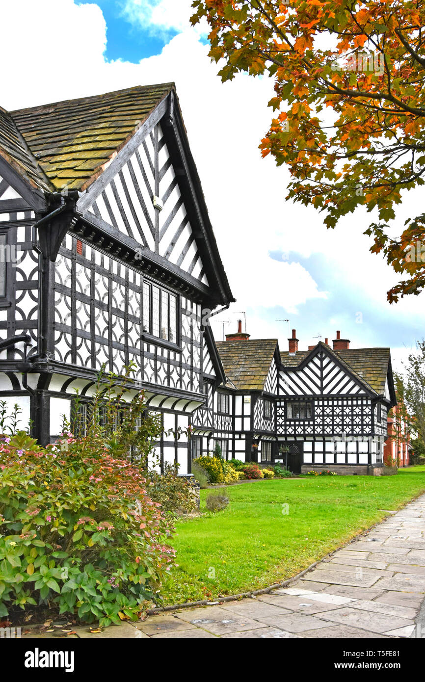 Black & White panels on housing in Port Sunlight landscaped model village built by Lever Brothers for factory workers  Wirral Merseyside England UK Stock Photo