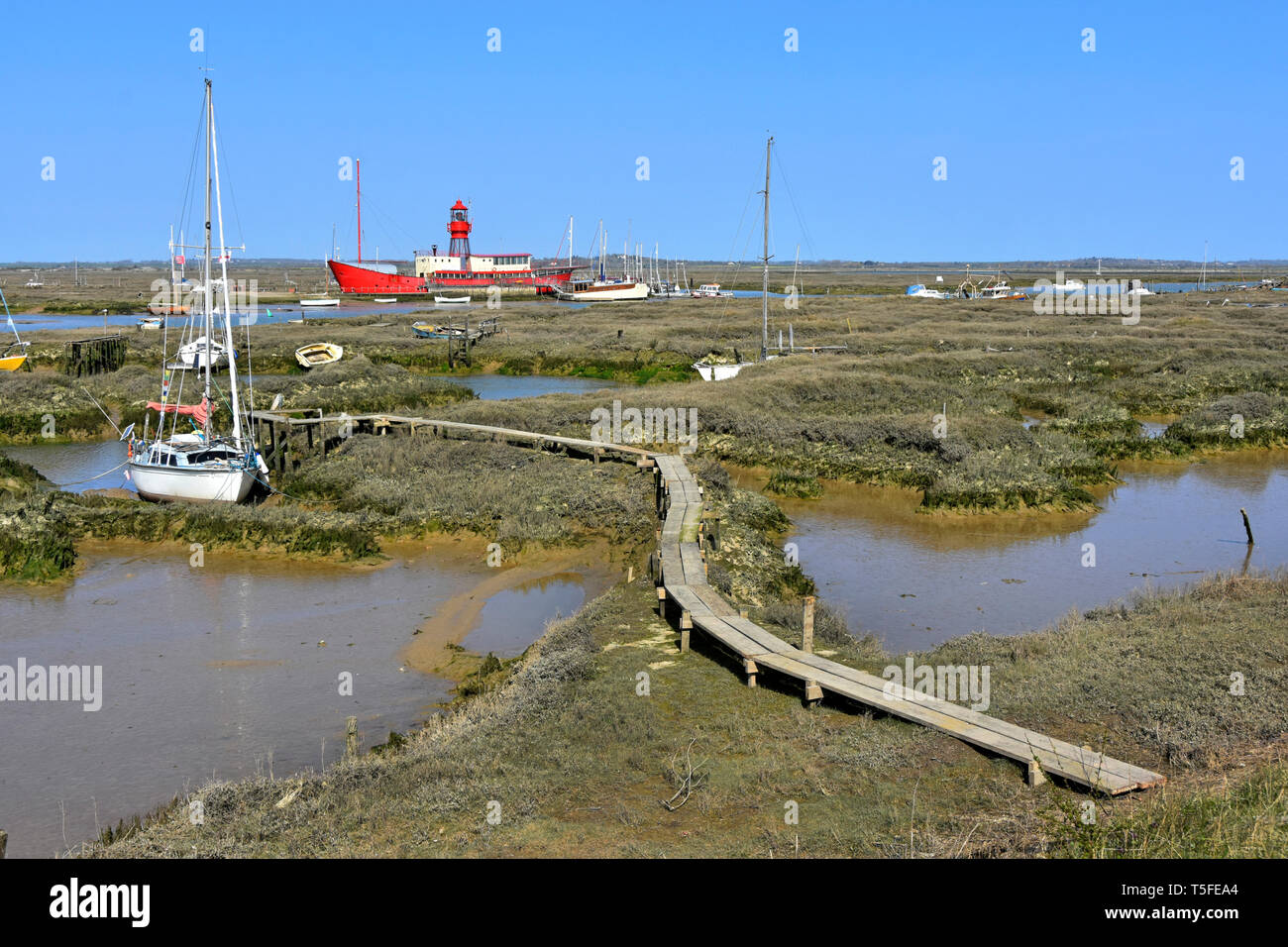 Essex coast landscape & coastal countryside from Tollesbury Wick with River Blackwater salt marshes mud yacht mooring area & moored red lightship UK Stock Photo