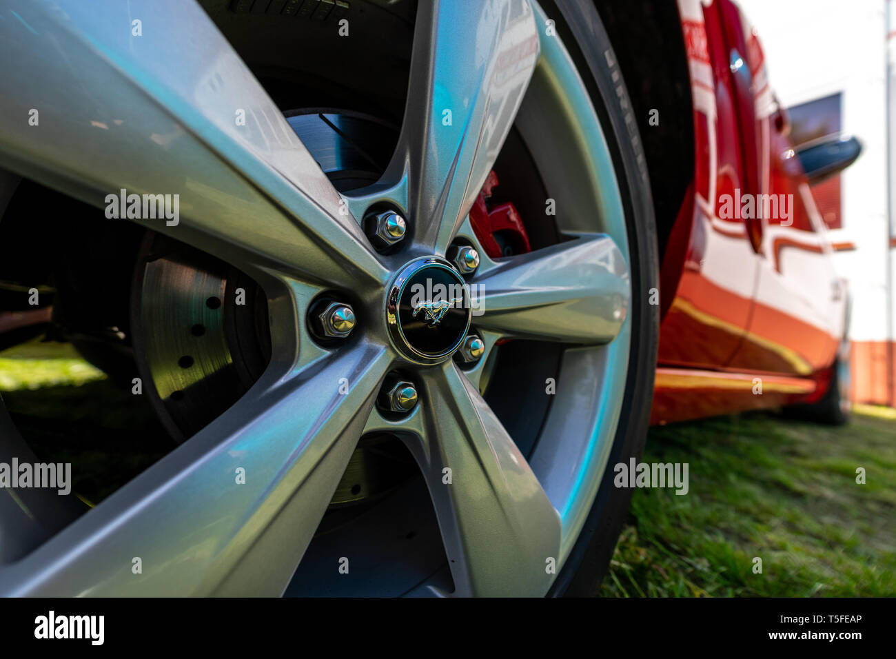BERLIN - MAY 05, 2018: Wheel of pony car Ford Mustang , close-up. Stock Photo