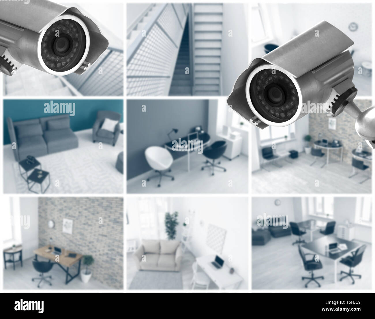 Modern CCTV cameras with blurred view of office locations Stock