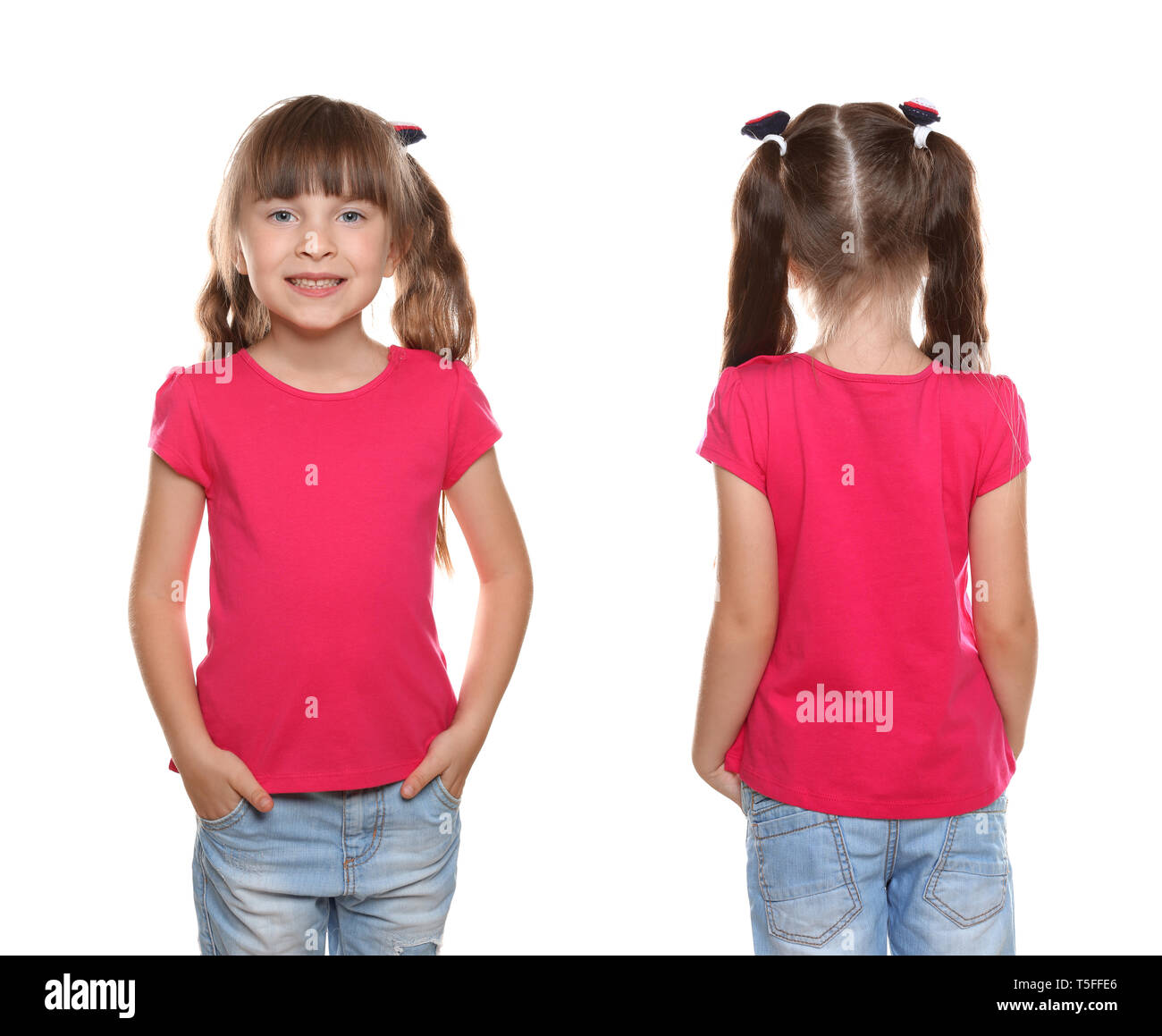 Little girl in tshirt on white background. Front and back view Stock Photo Alamy