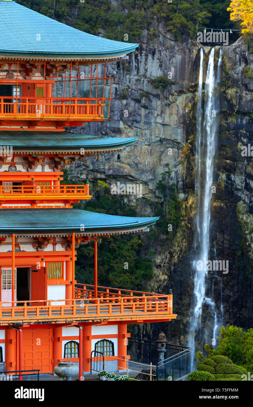 Seiganto-ji pagoda and Nachi falls at Nachi Taisha Unesco world heritage, Japan Stock Photo