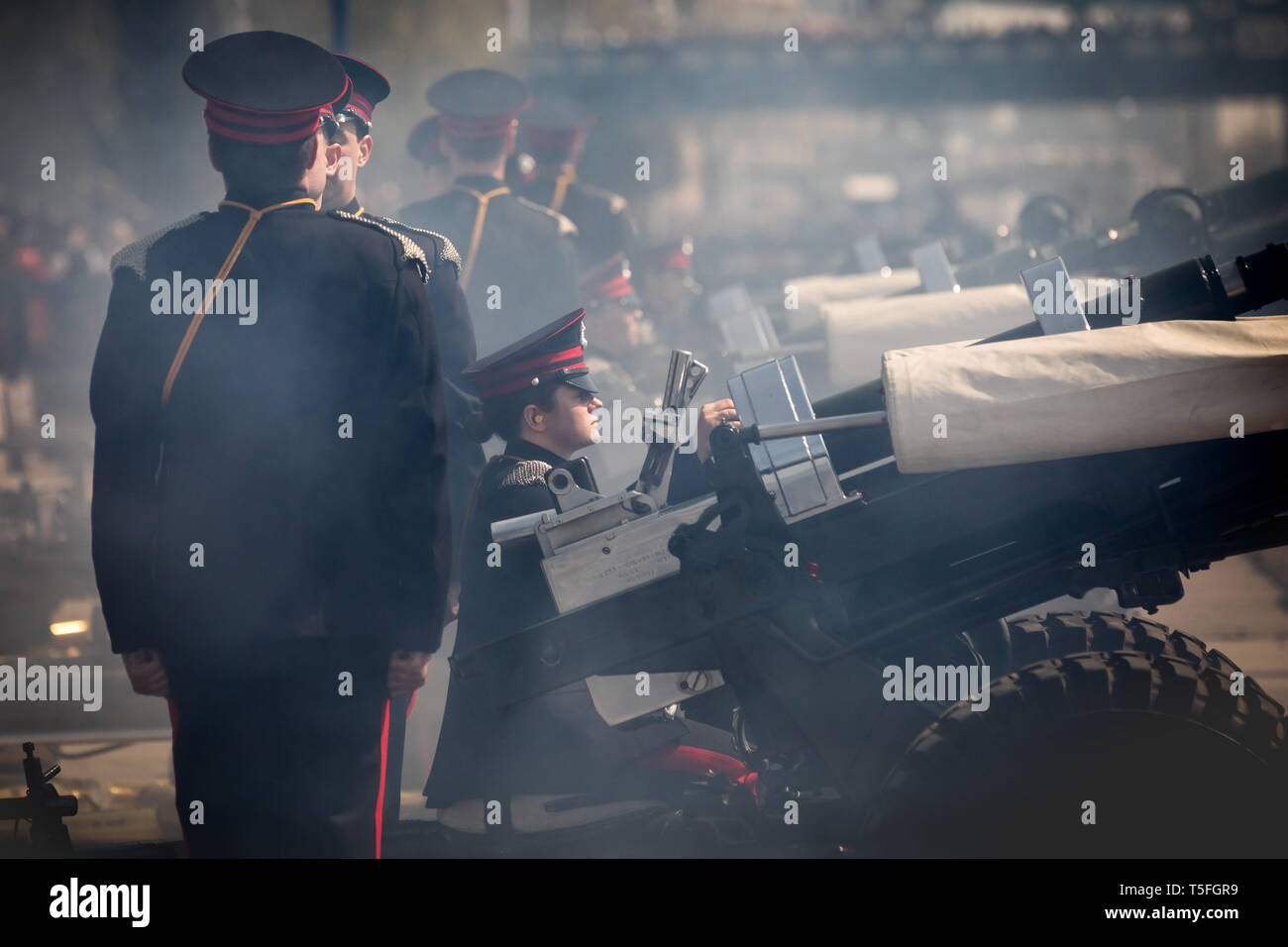 Royal Gun Salute for The Queen's 93rd birthday by the Honourable Artillery Company at HM Tower of London. Stock Photo