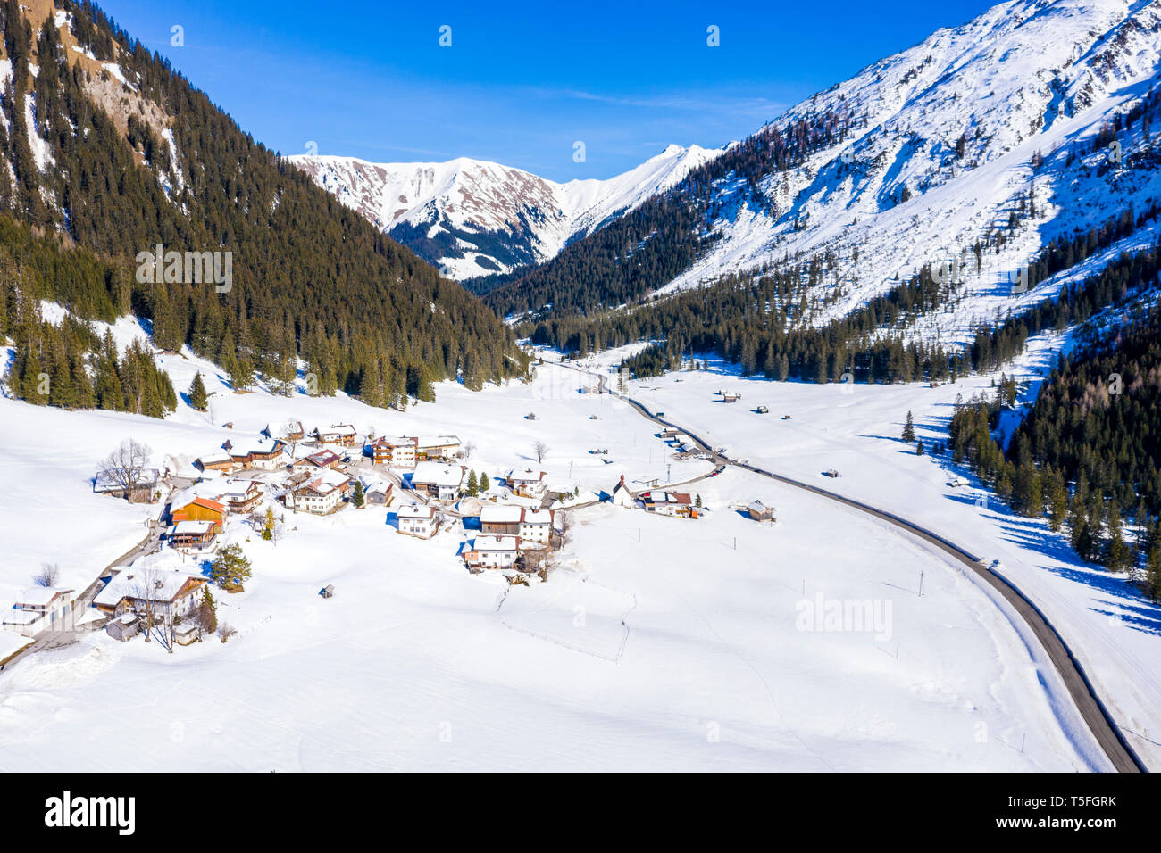 Austria, Tirol, Kelmen, Namlos mountain pass in winter, aerial image Stock Photo