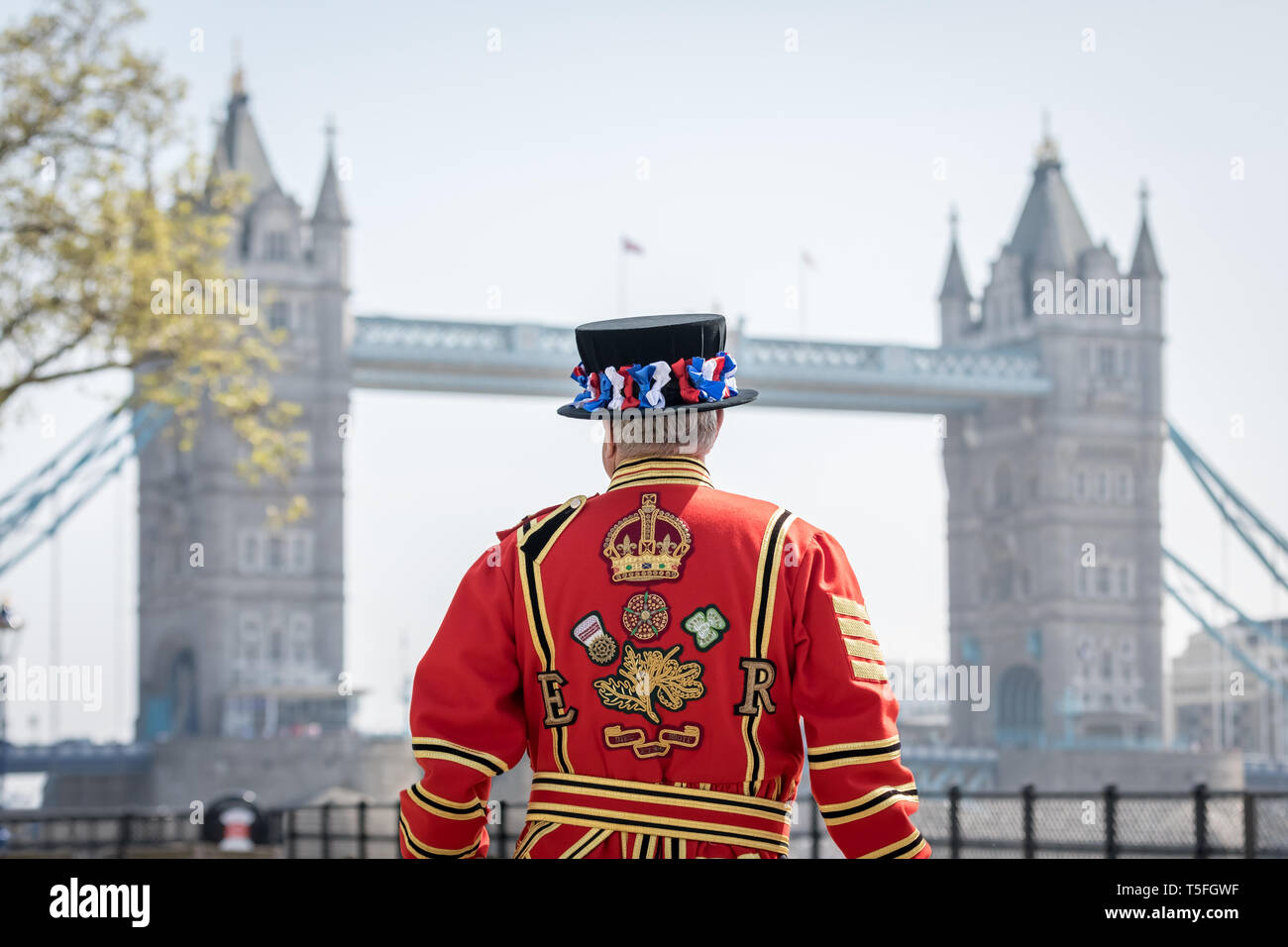 A Yeoman Warder (or Beefeater) stands framed by Tower Bridge in London, UK. Stock Photo