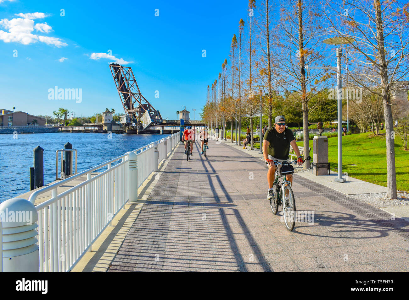 Tampa Bay, Florida. March 02, 2019 People biking at Riverwalk in