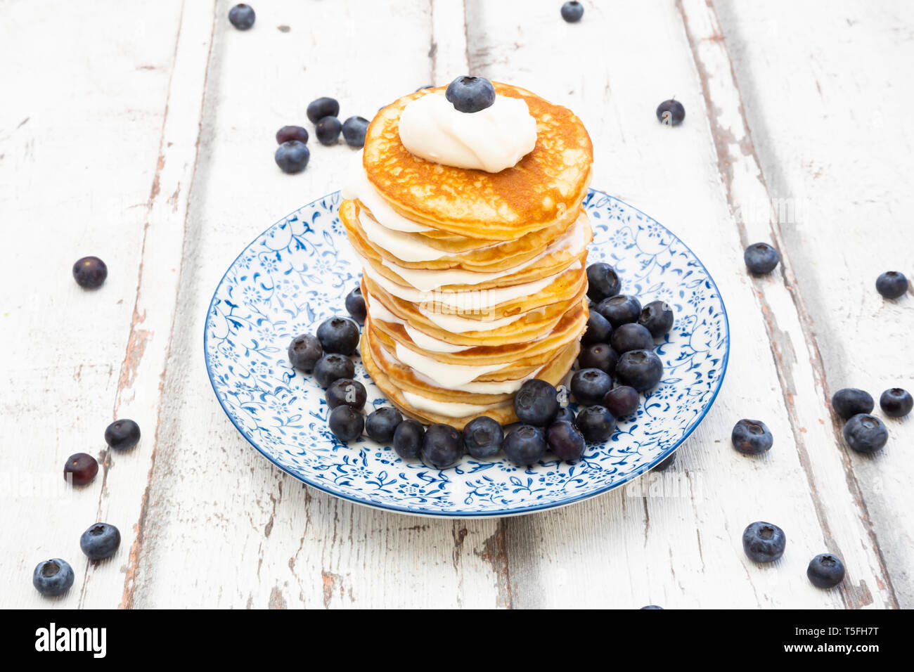 Pancakes with blueberries and greek yogurt, with almond flour, ketogenic diet Stock Photo