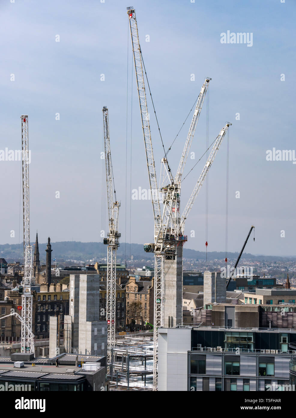 Cranes at construction site of St James Centre, seen from Calton Hill, Edinburgh, Scotland, UK Stock Photo