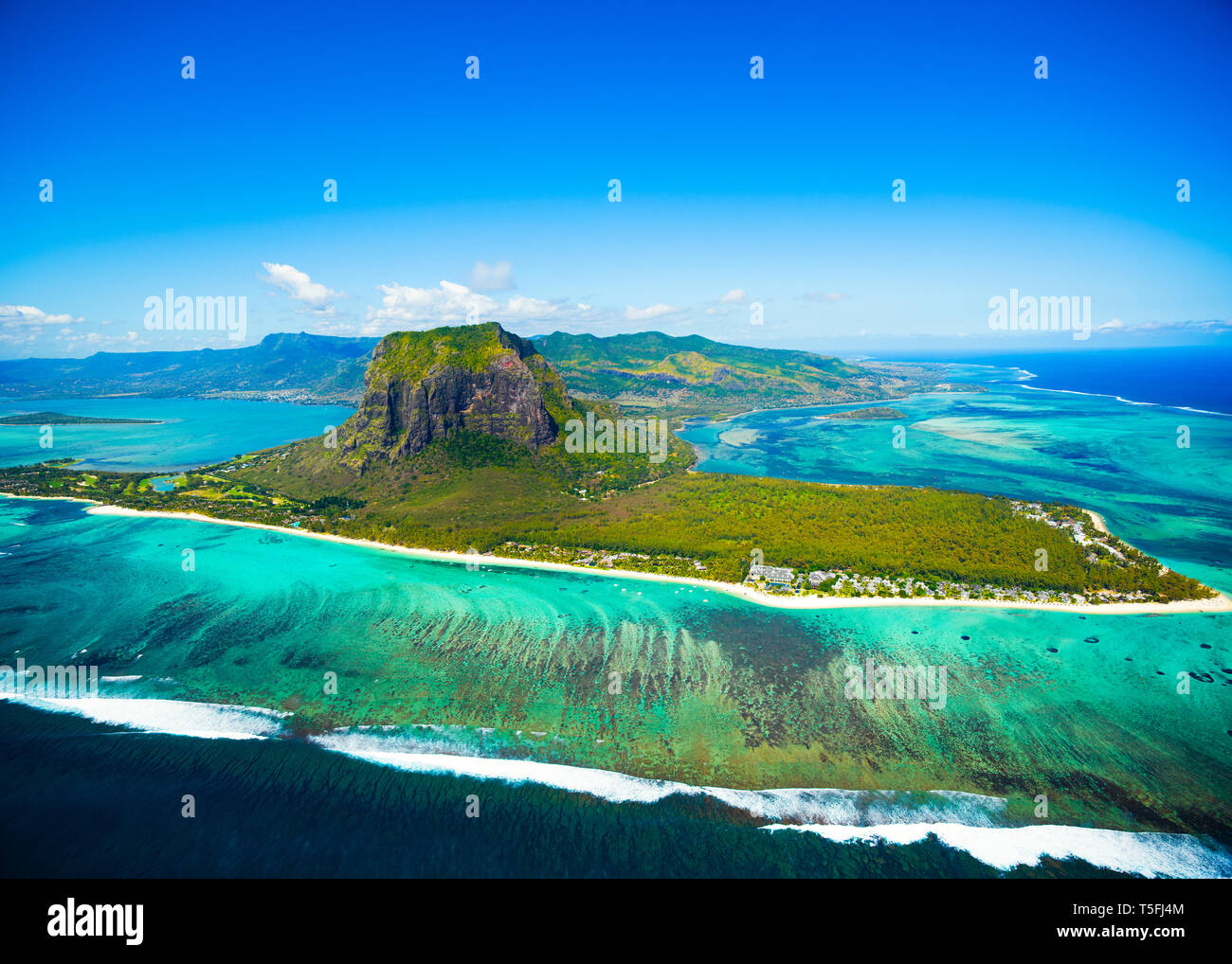 Aerial view of Mauritius island panorama and famous Le Morne Brabant