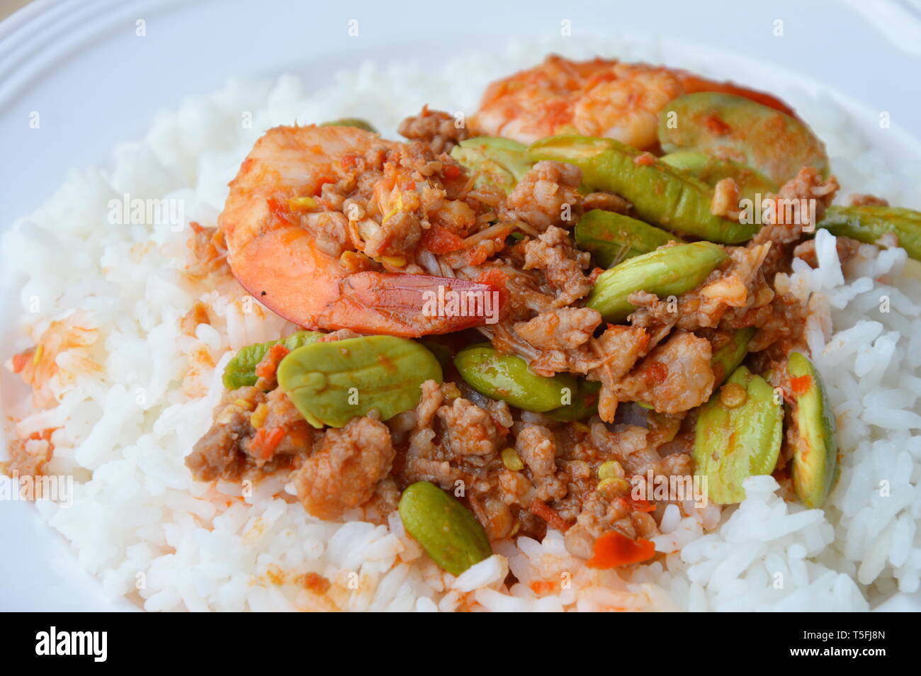 spicy stir fried stink bean with shrimp on rice Stock Photo Alamy