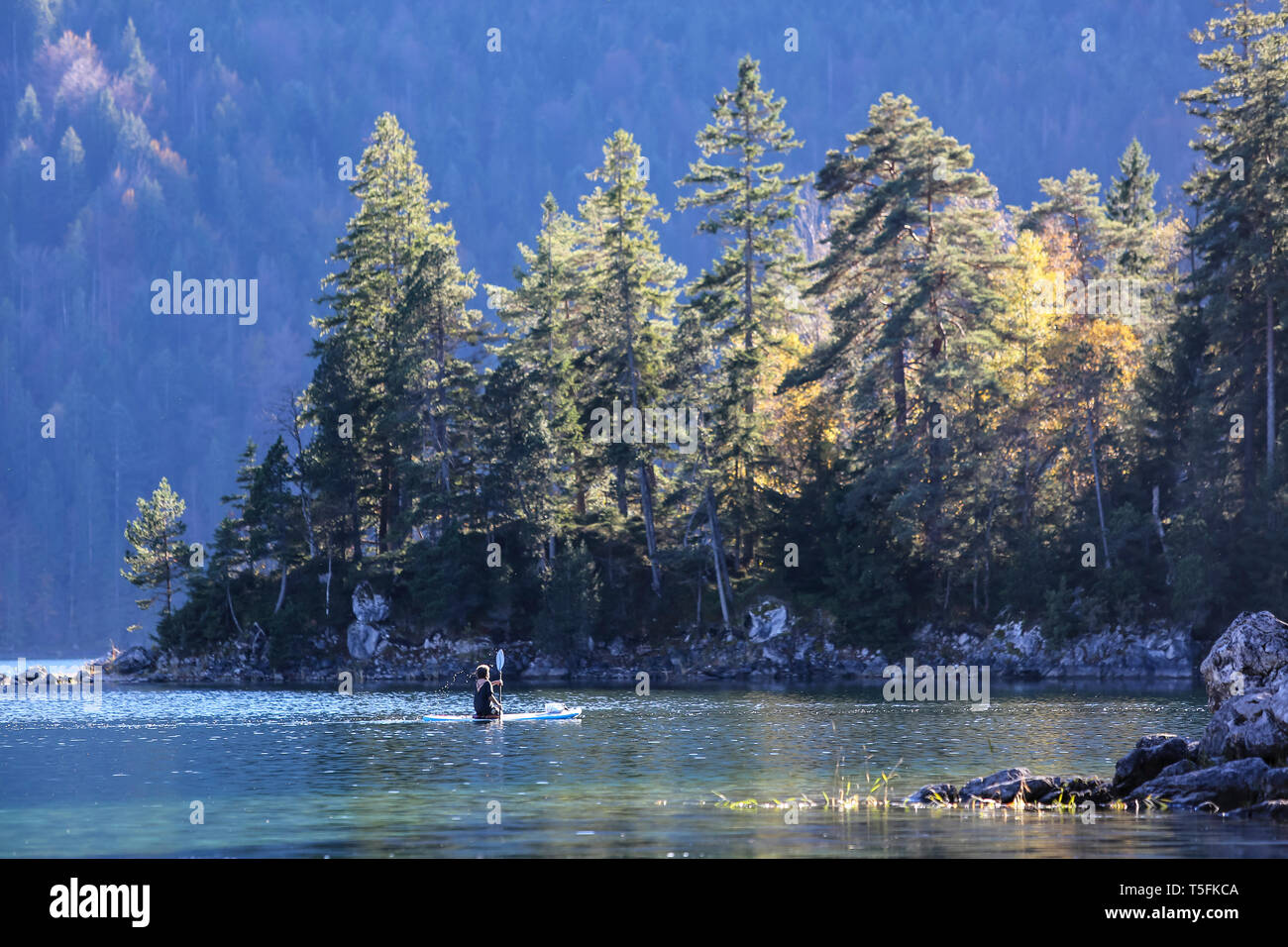 Germany, Bavaria, Eibsee Lake, paddler Stock Photo