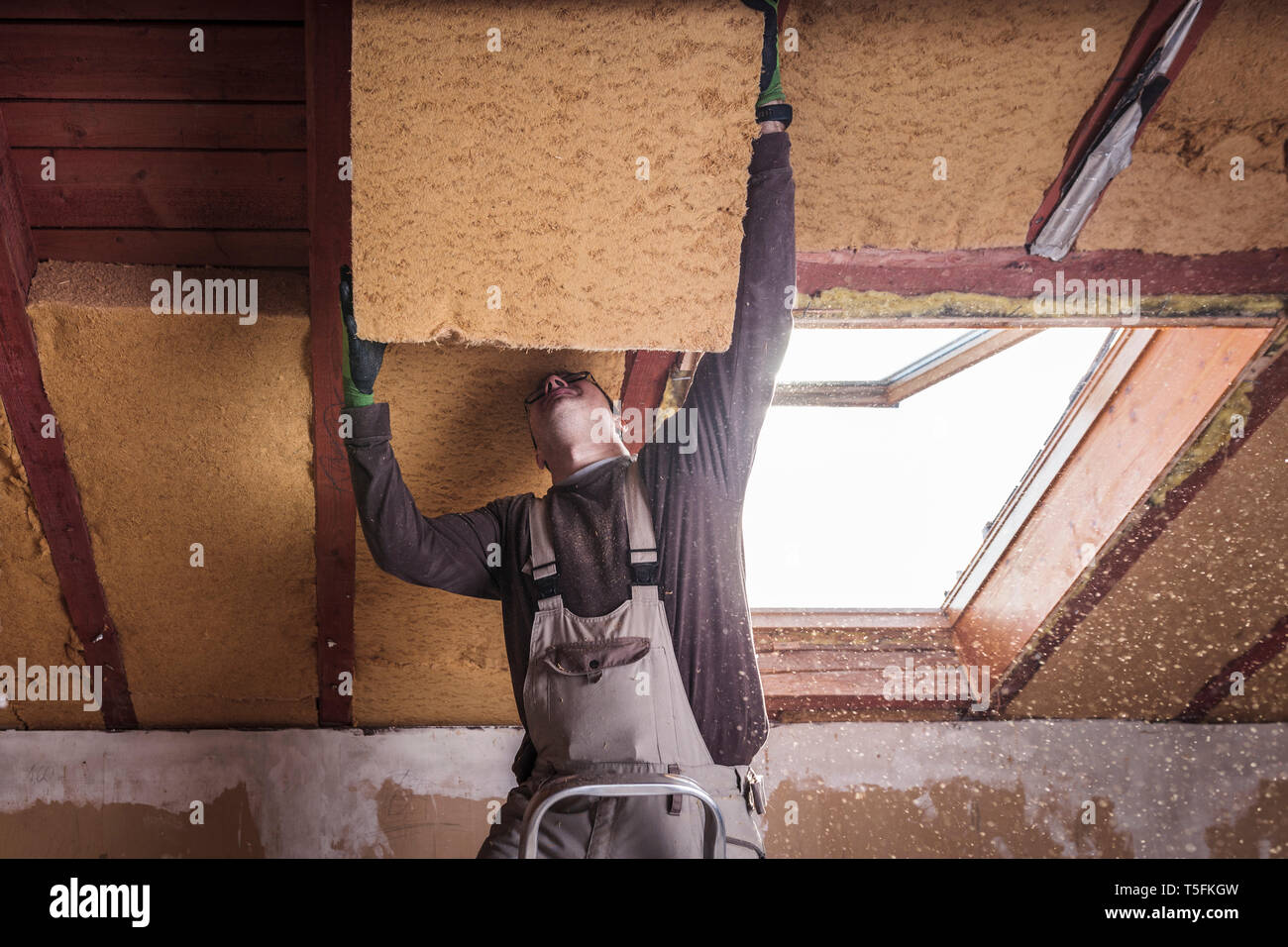 Roof insulation, worker filling pitched roof with wood fibre insulation Stock Photo
