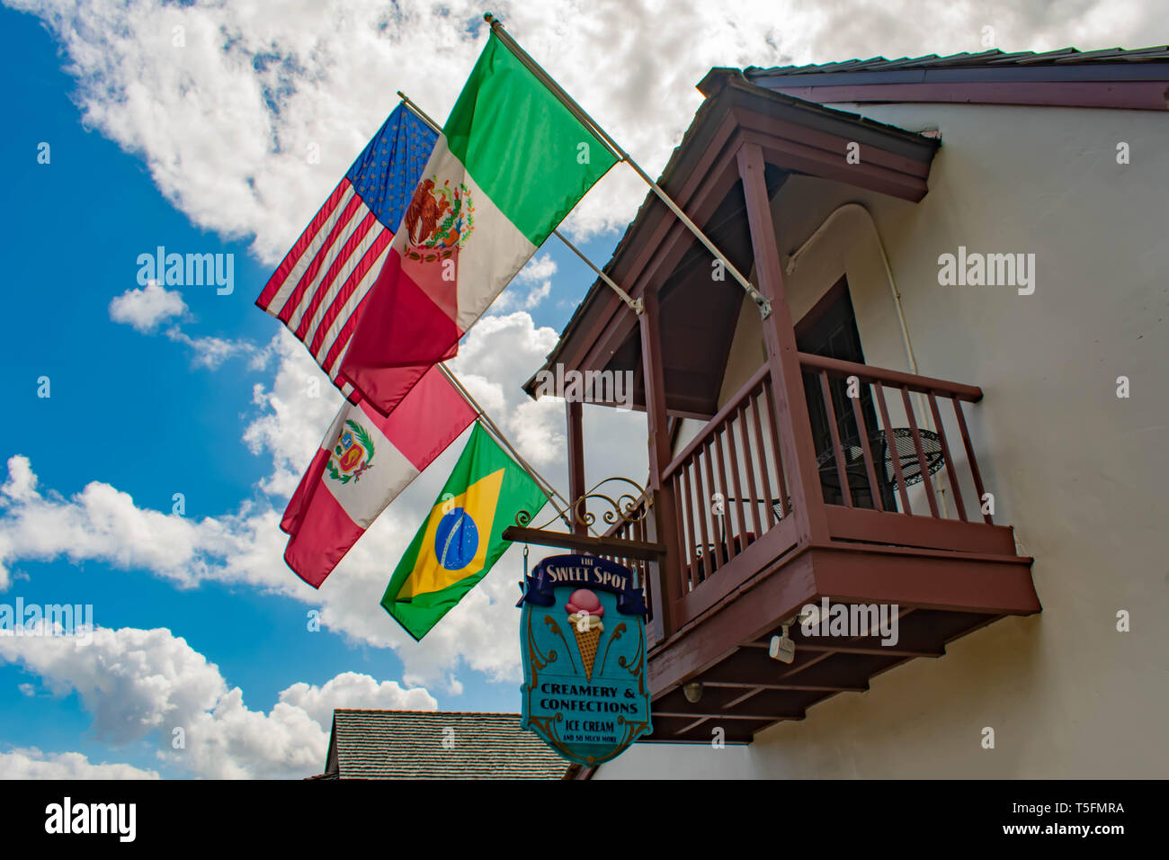St. Augustine, Florida. March 31 , 2019 . Top view of colorful flags in St. George street at  Florida's Historic Coast Stock Photo