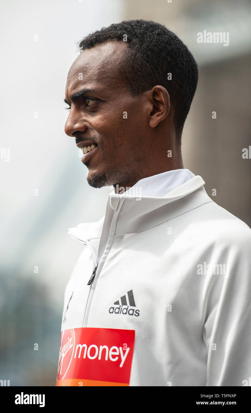 Tamirat Tola seen during the Elite men's photocall ahead of Sunday's London Marathon at The Tower Hotel in London. Stock Photo