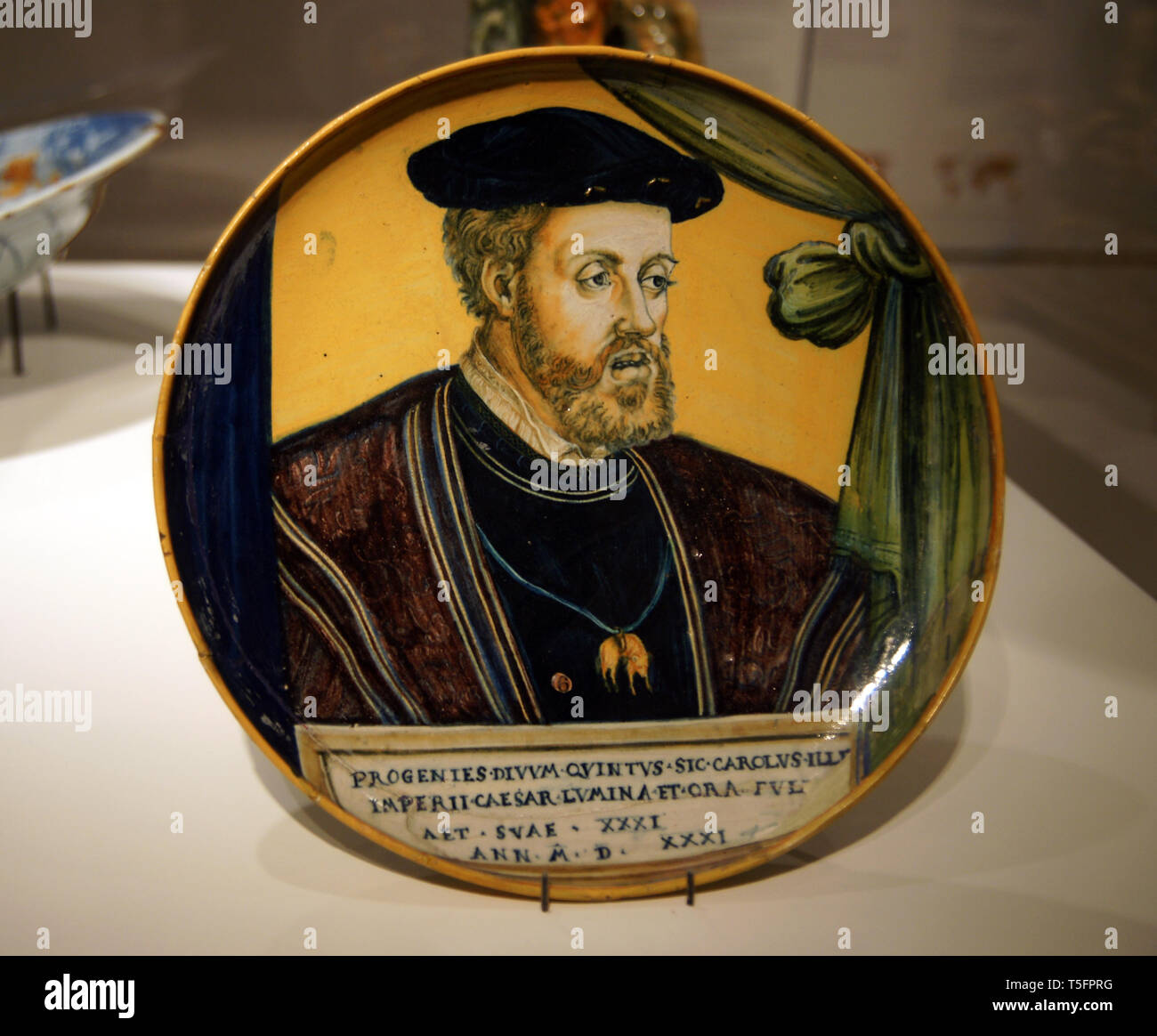 Plate: Portrait of Charles v (1500-1558). Maiolica, painted polychrome pottery, 1531. Castel Durante workshop, Italy. Hermitage museum Stock Photo