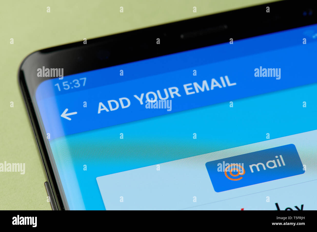New york, USA - april 22, 2019: Adding mailru email interface on smartphone screen Stock Photo