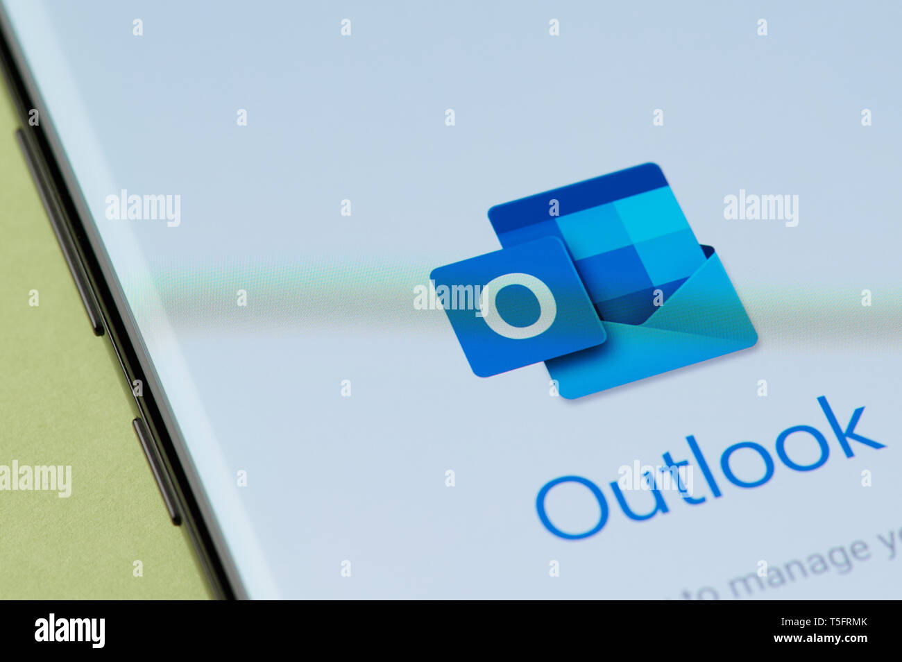 New york, USA - april 22, 2019: Outlook email app interface on smartphone screen Stock Photo