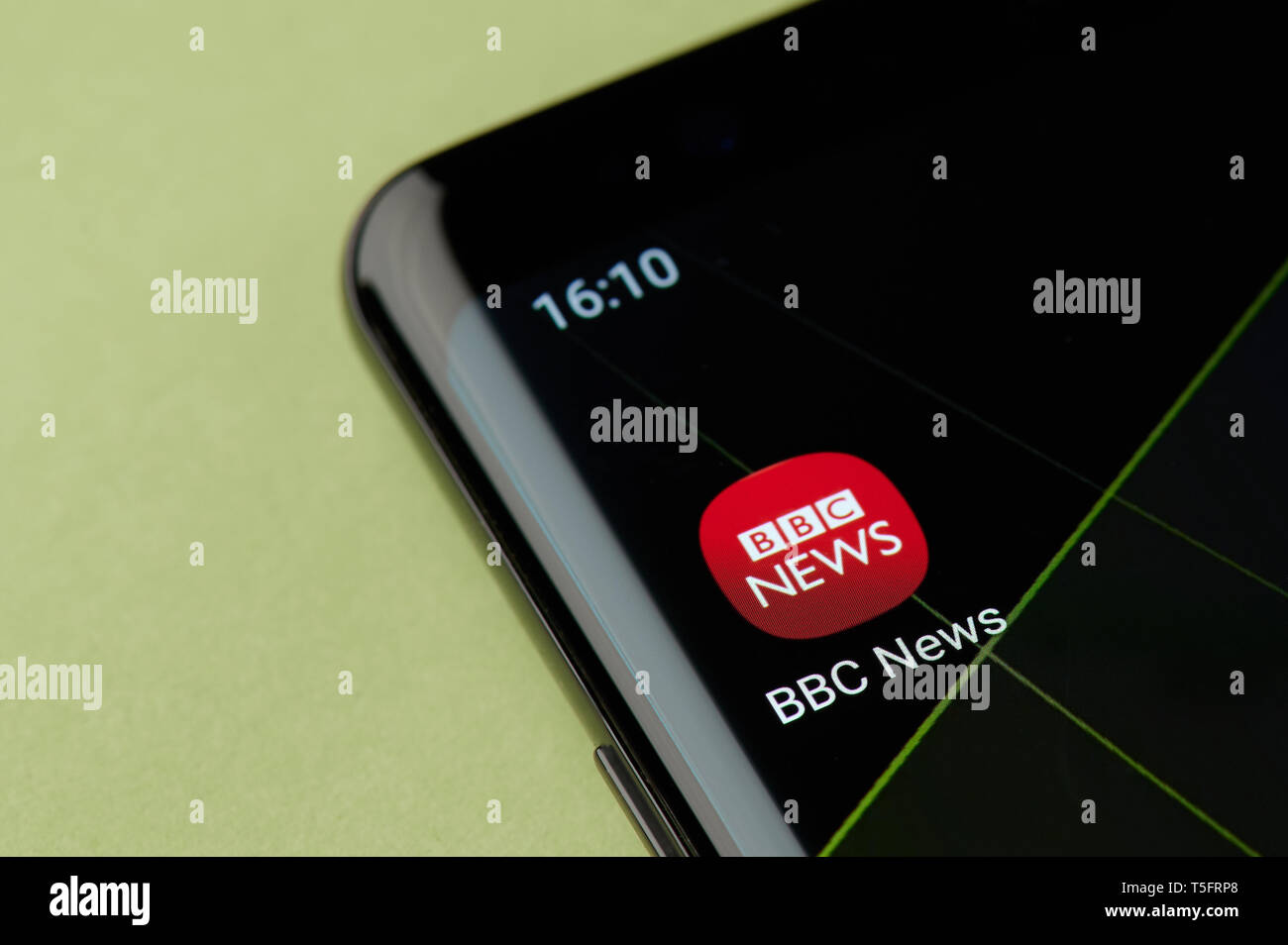 New york, USA - April 22, 2019: BBC news icon macro view on smartphone screen desktop Stock Photo