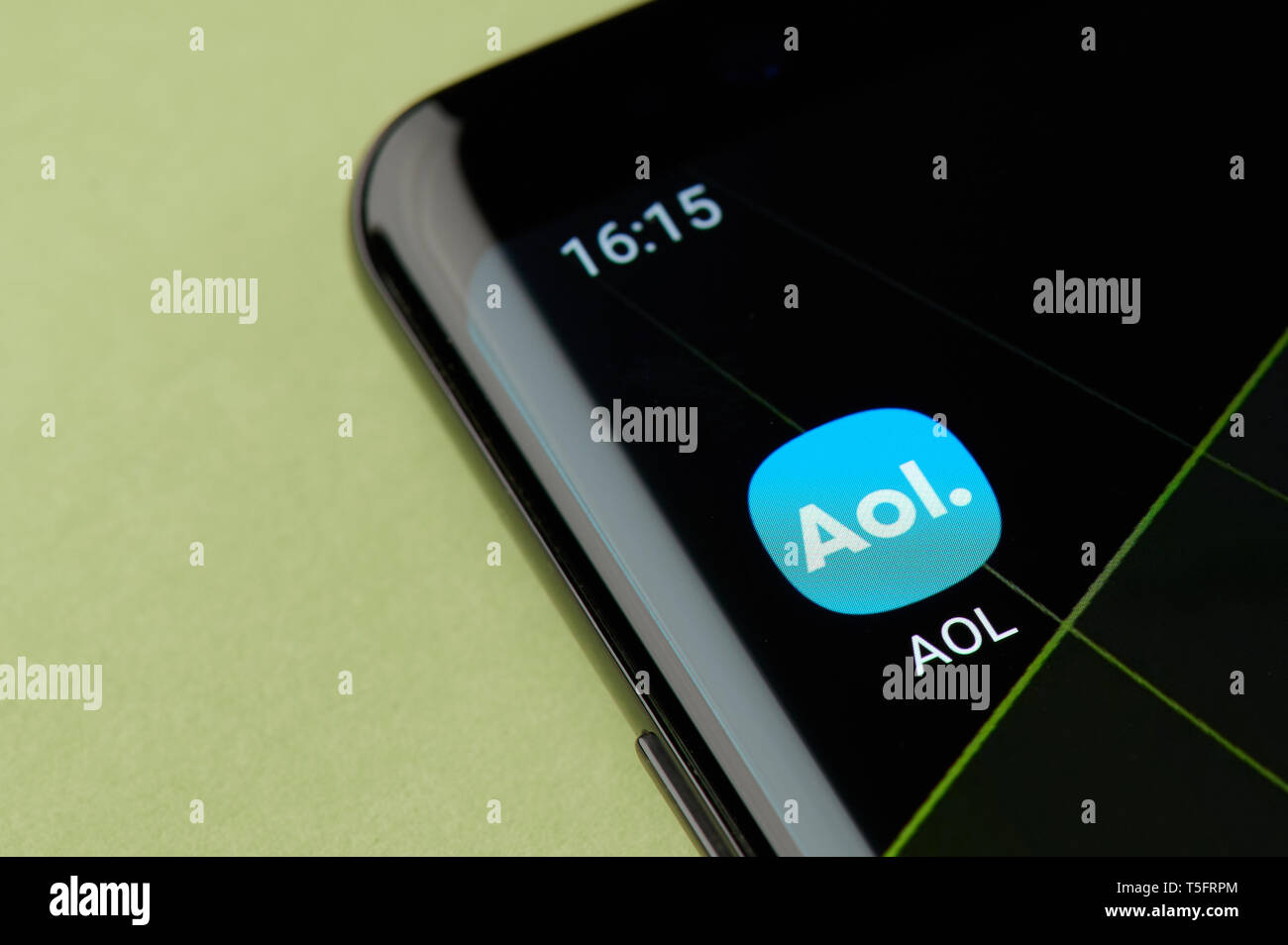 New york, USA - April 22, 2019: Aol news service icon macro view on smartphone screen desktop Stock Photo