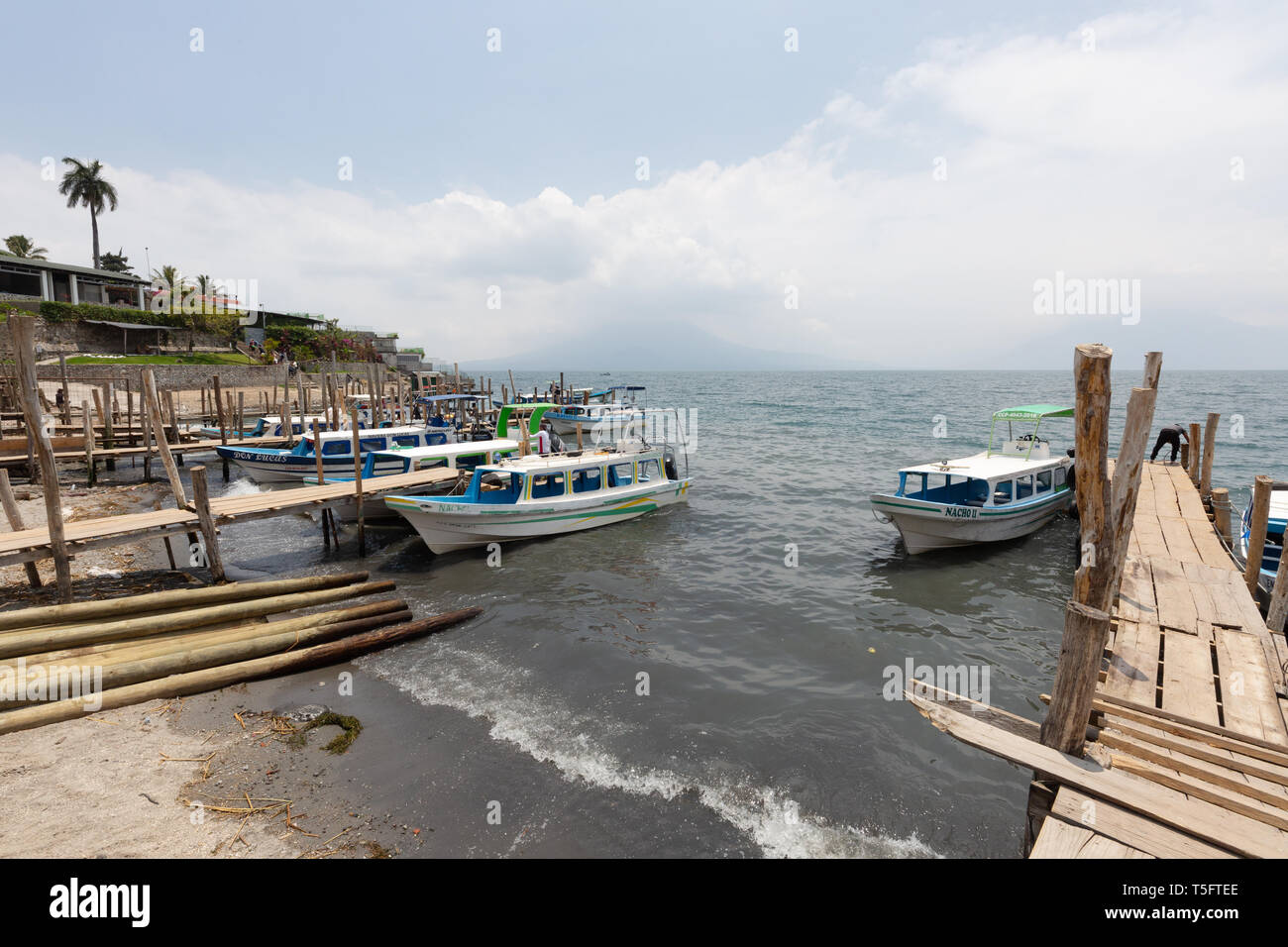 Guatemala Central America - boats moored at the edge of Lake Atitlan, Guatemala, Latin America Stock Photo