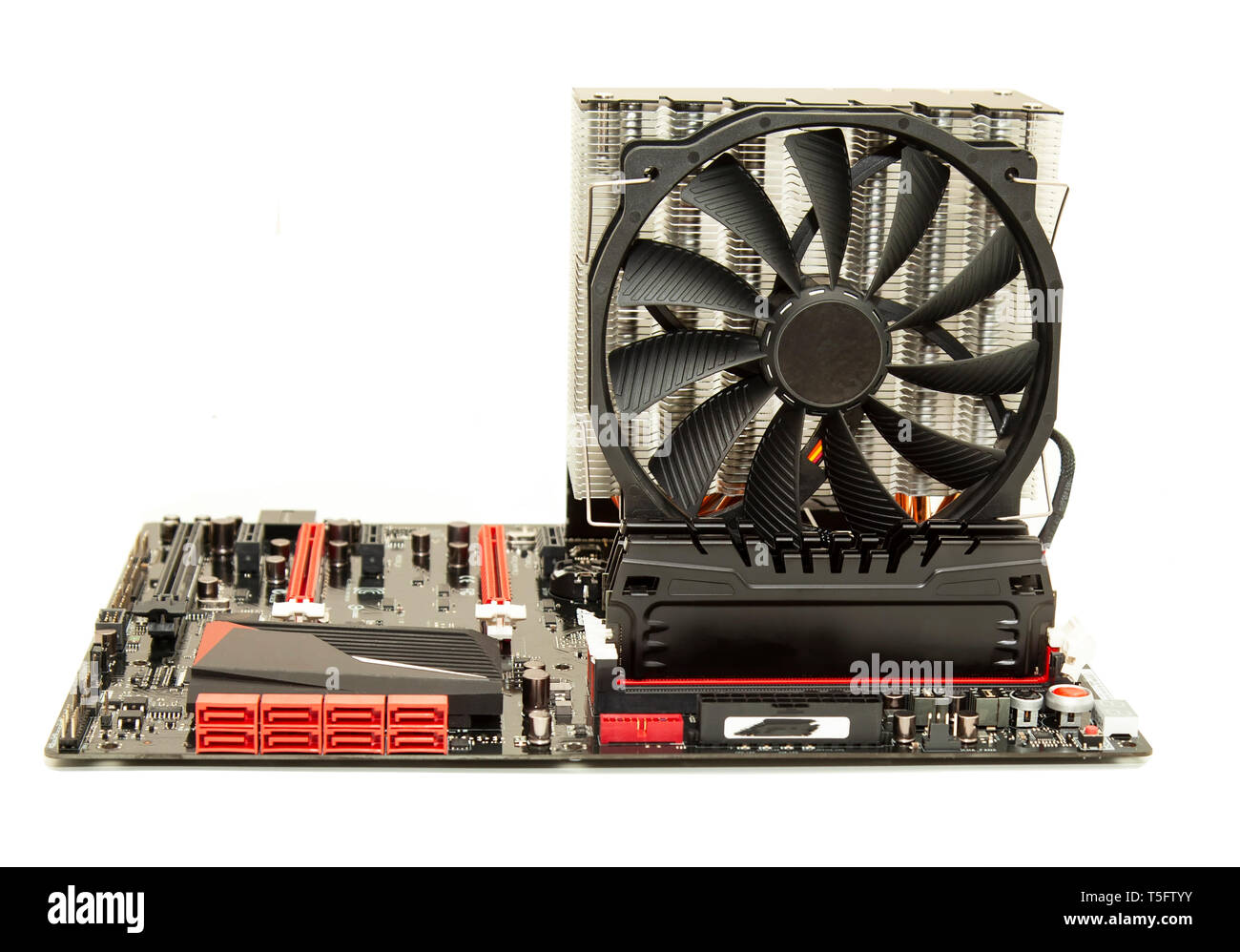 Computer motherboard PC with cooler isolated on white Stock Photo Alamy