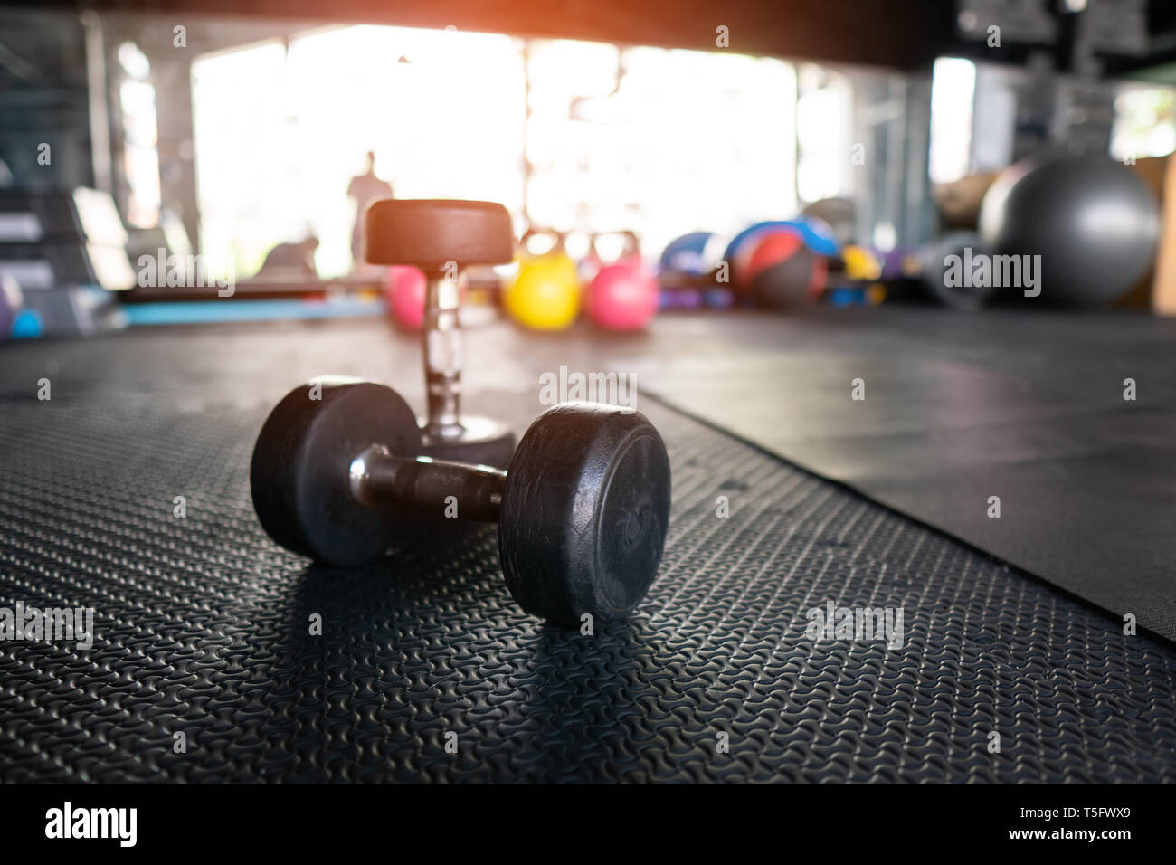 dumbbell weight training equipment with blurry background, Healthy life and gym exercise equipments and sports concept, with copy space Stock Photo