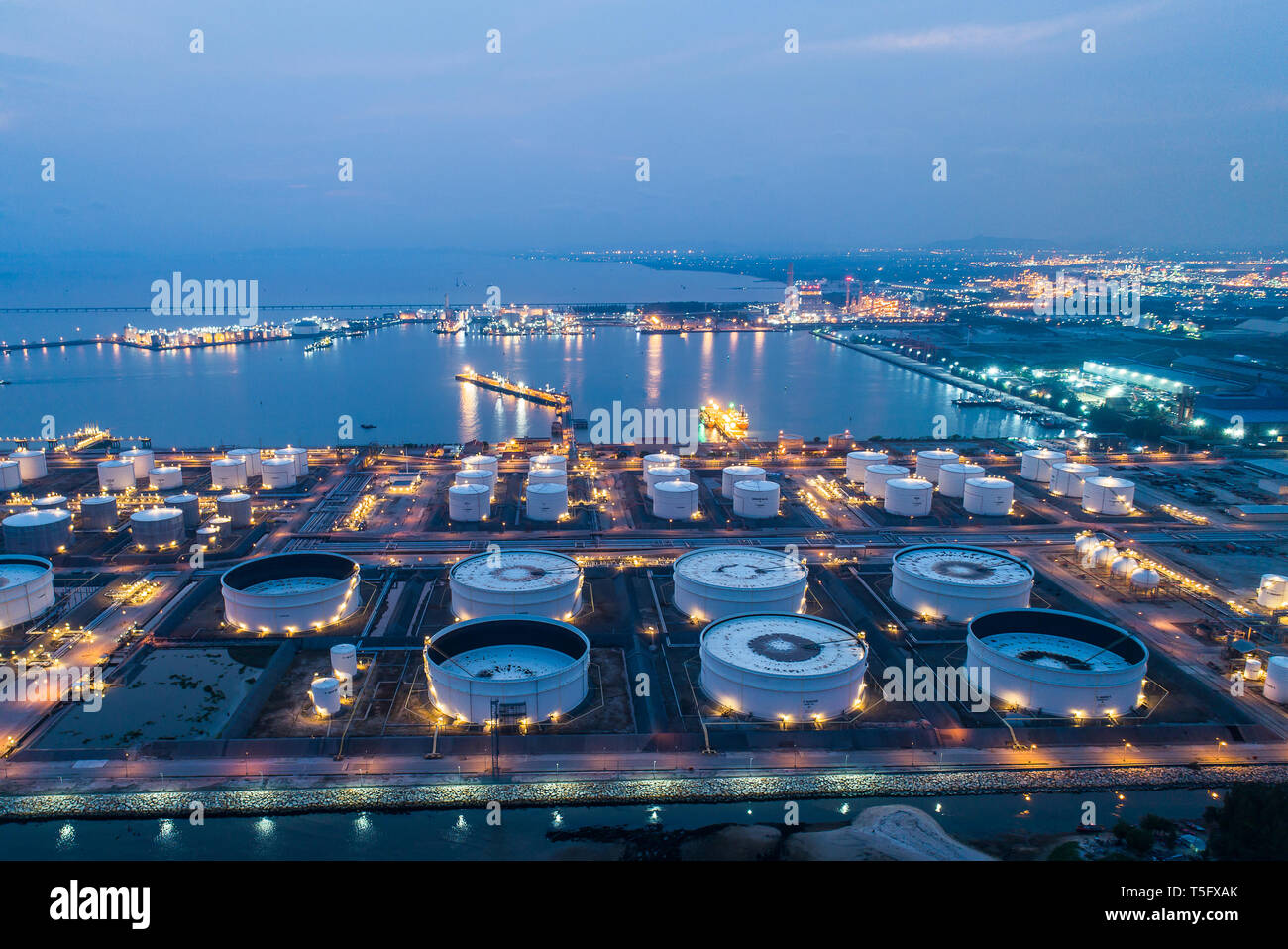 Aerial view or top view night light oil terminal is industrial facility