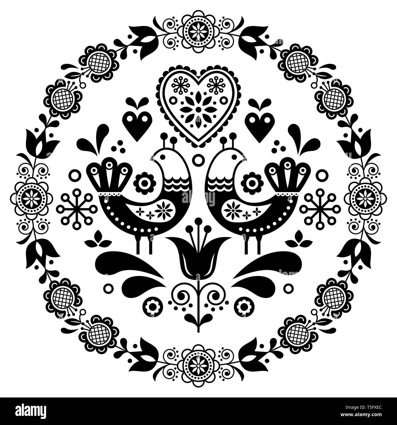 Folk art vector round ornamental frame with birds, hearts, and flowers, Scandinavian design in circle, floral composition Stock Vector