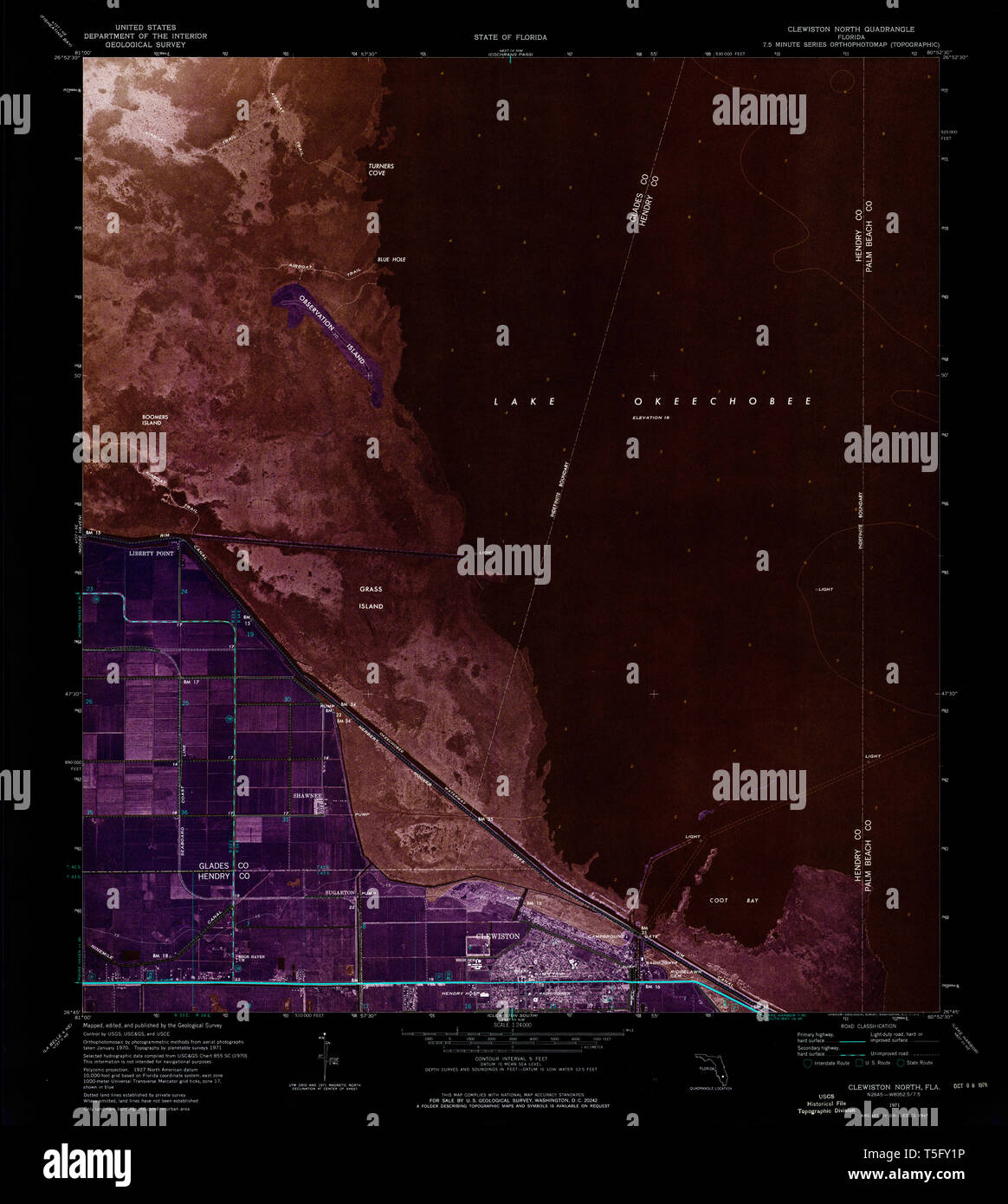 Map of clewiston hi res stock photography - Usgs Topo Map Florida Fl Clewiston North 345552 1971 24000 Inverted Restoration T5FY1P 