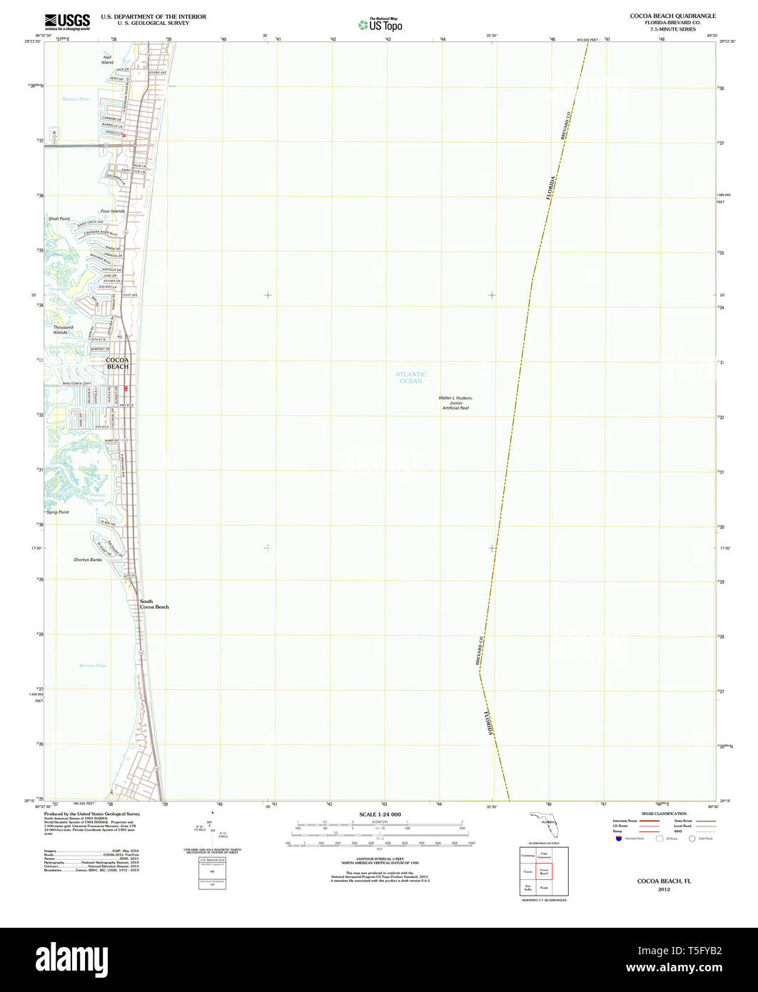 Cocoa beach map hi res stock photography - Usgs Topo Map Florida Fl Cocoa Beach 20120718 Tm Restoration T5FYB2 