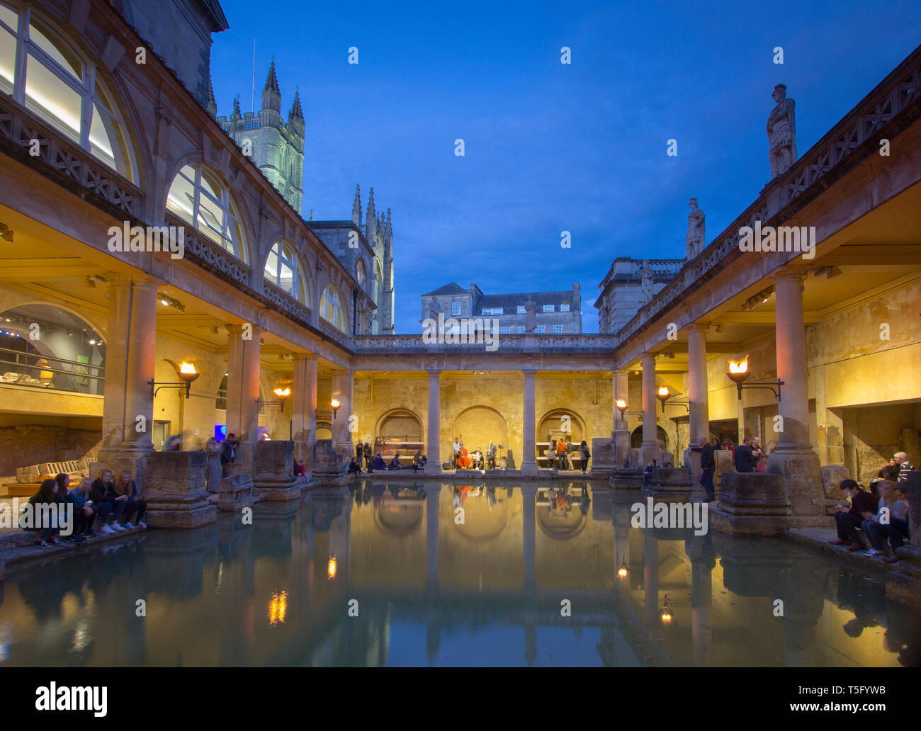 The Roman Baths view. Festival and party time. Somerset. Bath Stock Photo