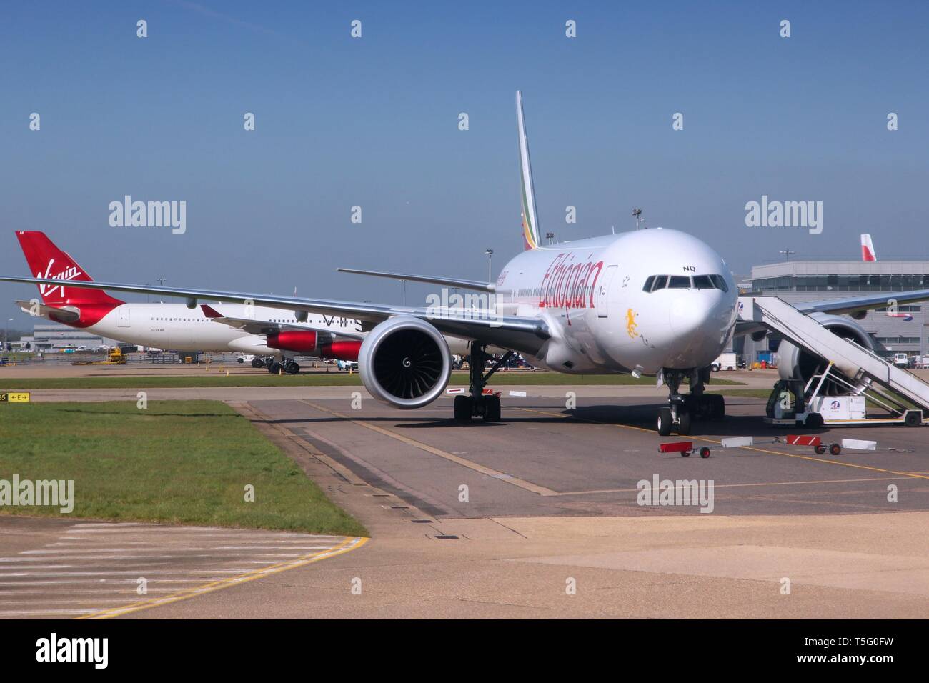 LONDON, UK - APRIL 16, 2014: Ethiopian Airlines Boeing 777 at London Heathrow airport. Ethiopian carried 6 million passengers in 2013. Stock Photo
