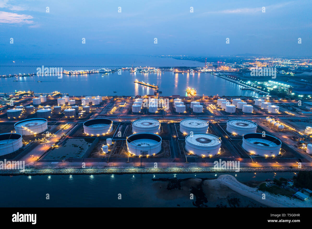 Aerial view or top view night light oil terminal is industrial facility